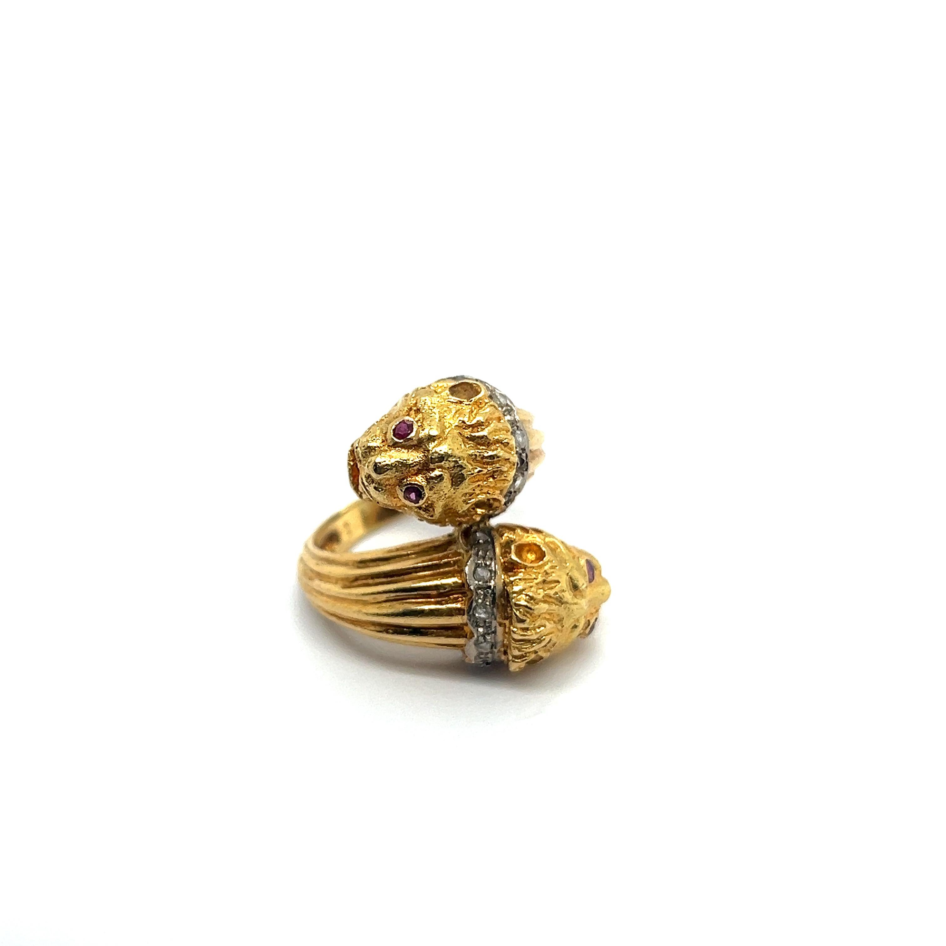 Artist Lalaounis Two-Headed Lion Ring with Rubies & Diamonds 18 Karat Yellow Gold For Sale