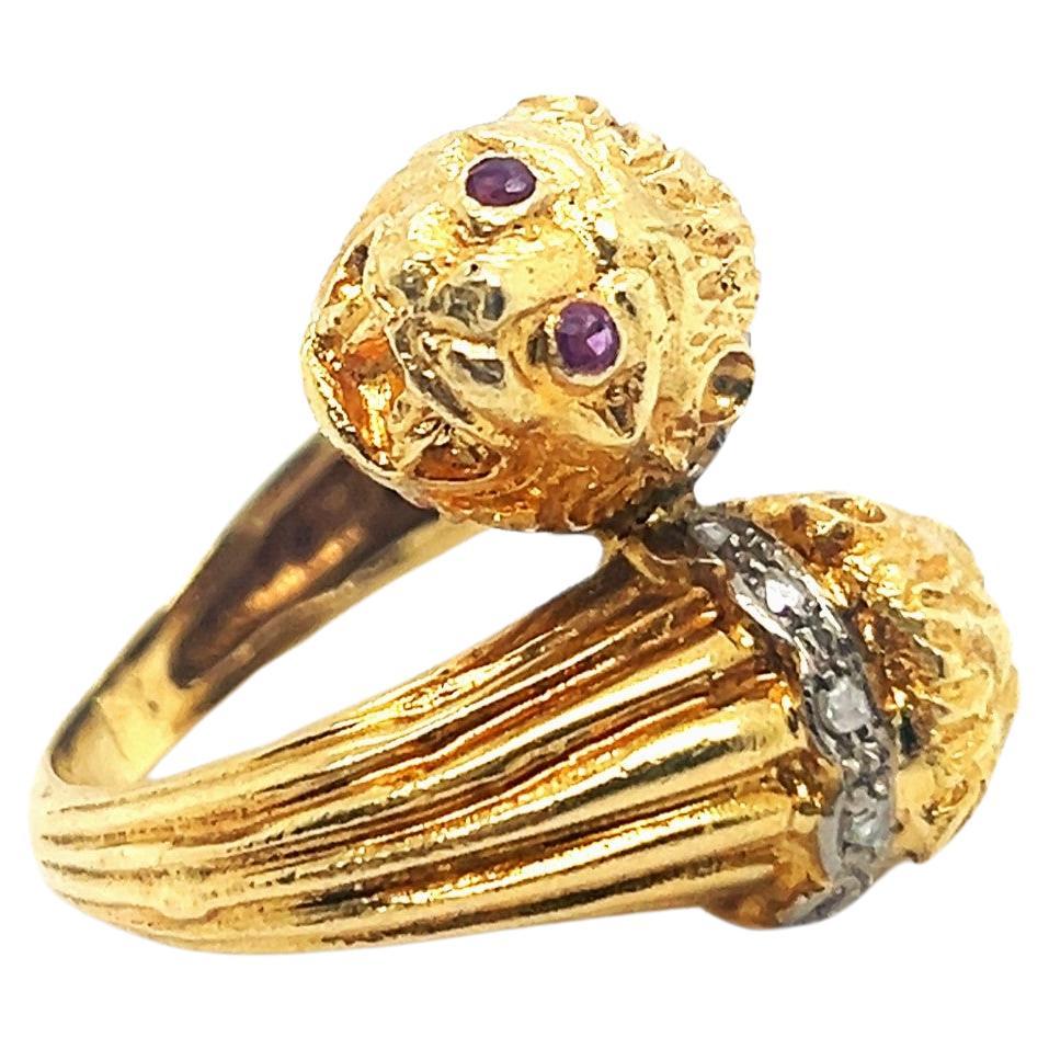 Lalaounis Two-Headed Lion Ring with Rubies & Diamonds 18 Karat Yellow Gold
