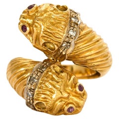 LALAOUNIS - Two-Headed ring in yellow gold white gold rubies and diamonds