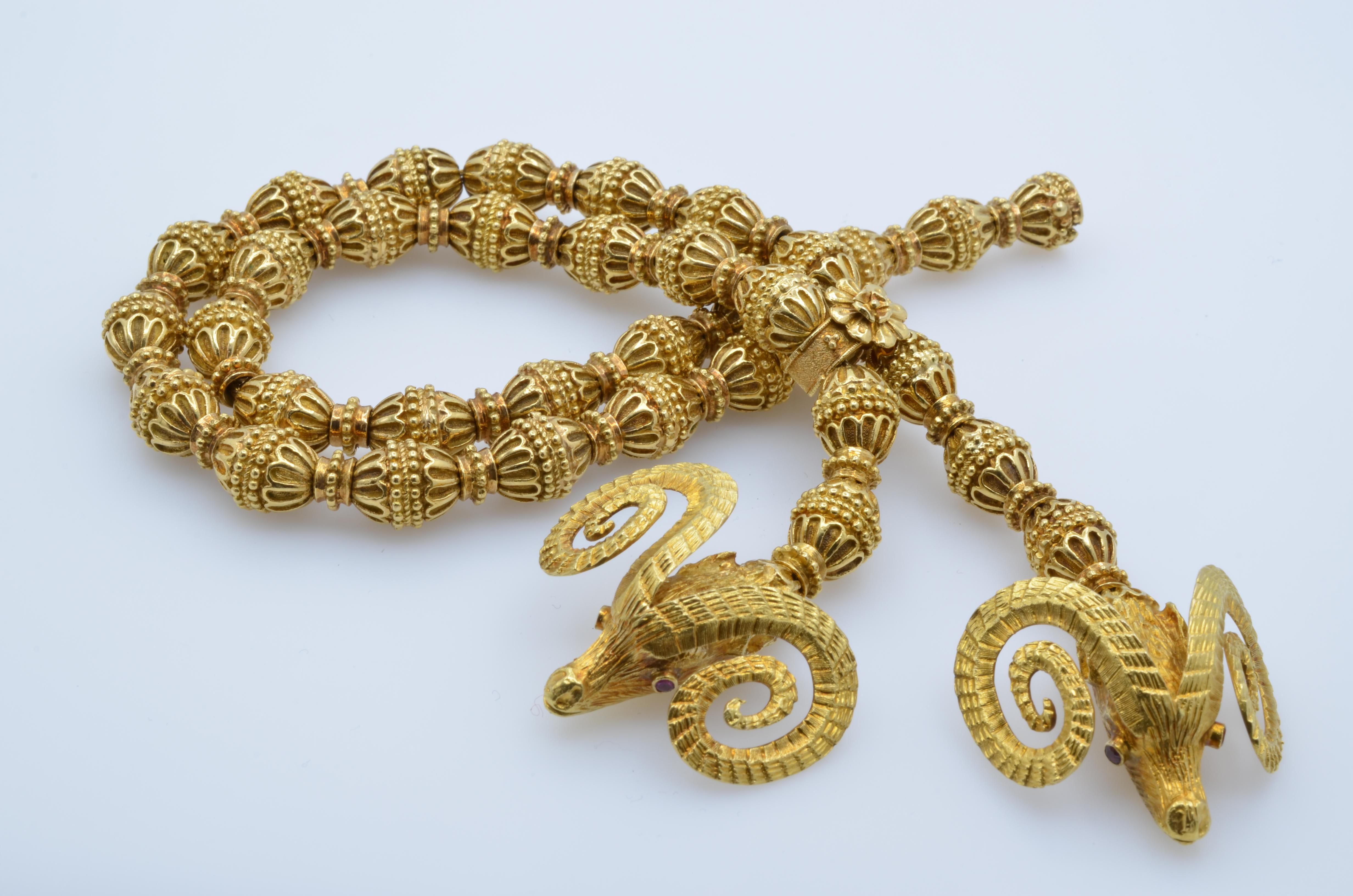 Greek Revival Lalaounis Two Horn Ram Head Gold Bead Necklace in Gold 18 Karat with Ruby Eyes