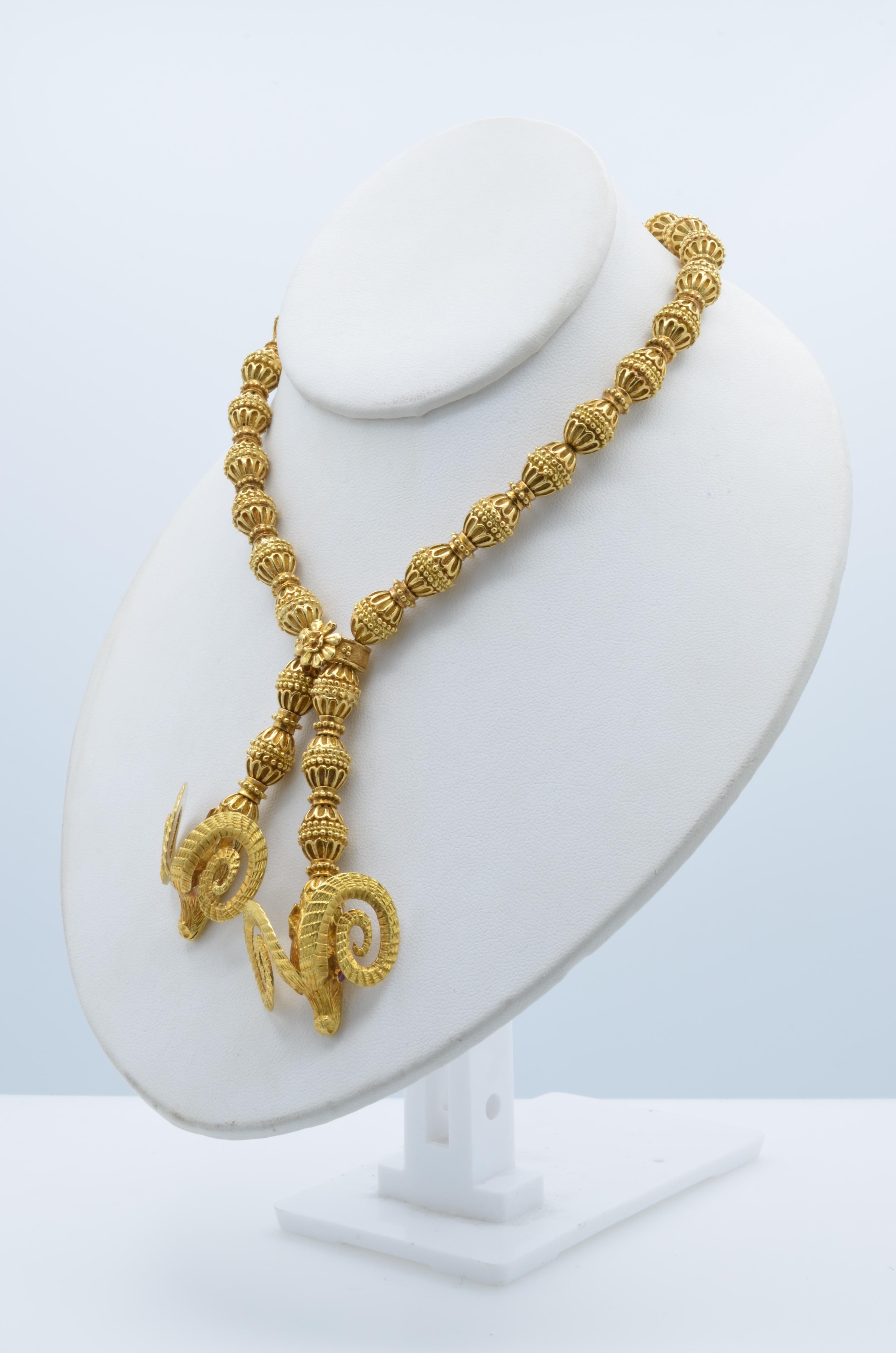 Lalaounis Two Horn Ram Head Gold Bead Necklace in Gold 18 Karat with Ruby Eyes 4