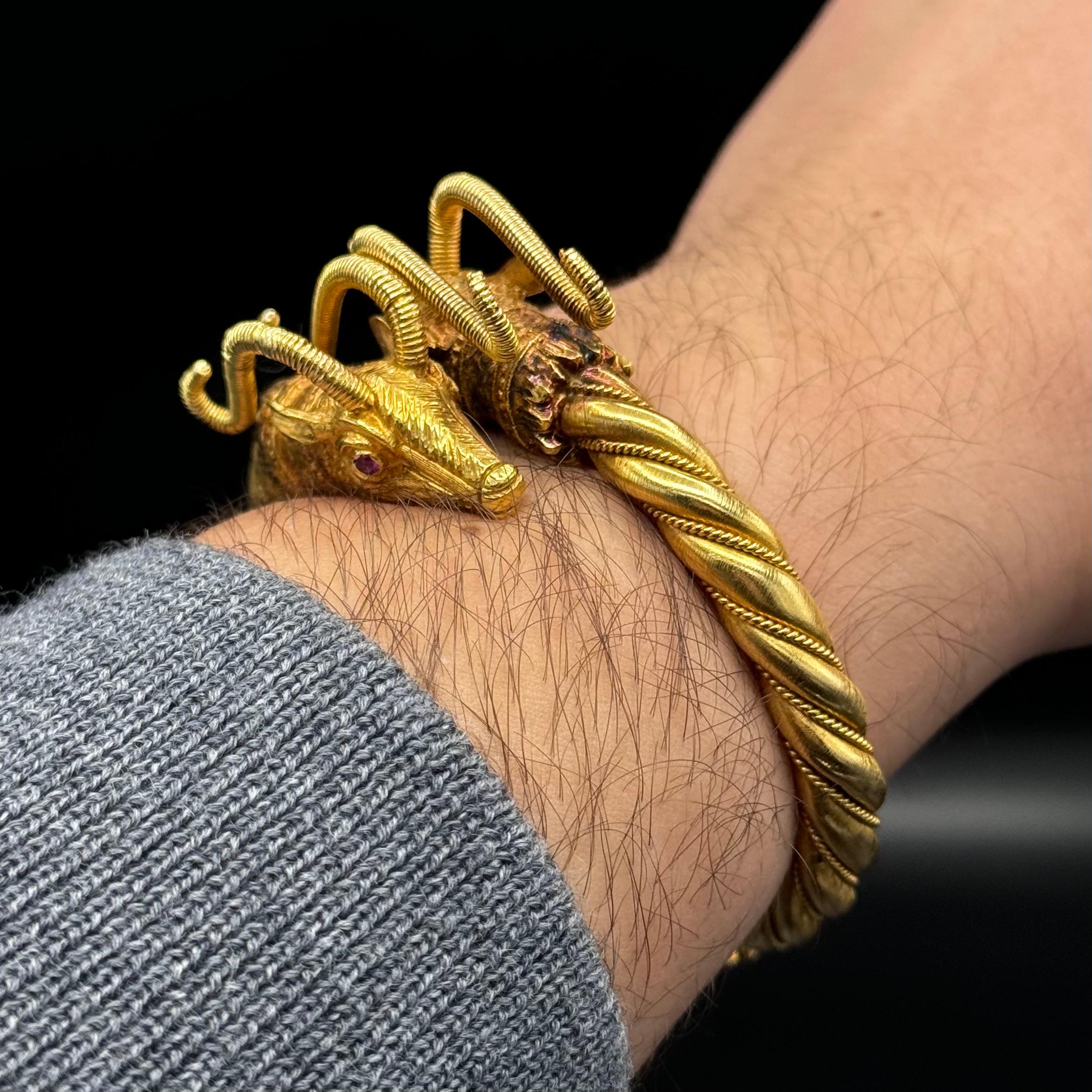 Women's or Men's Lalaounis Vintage Double Ram's Head Ruby Bangle Bracelet 18K Yellow Gold 1970s