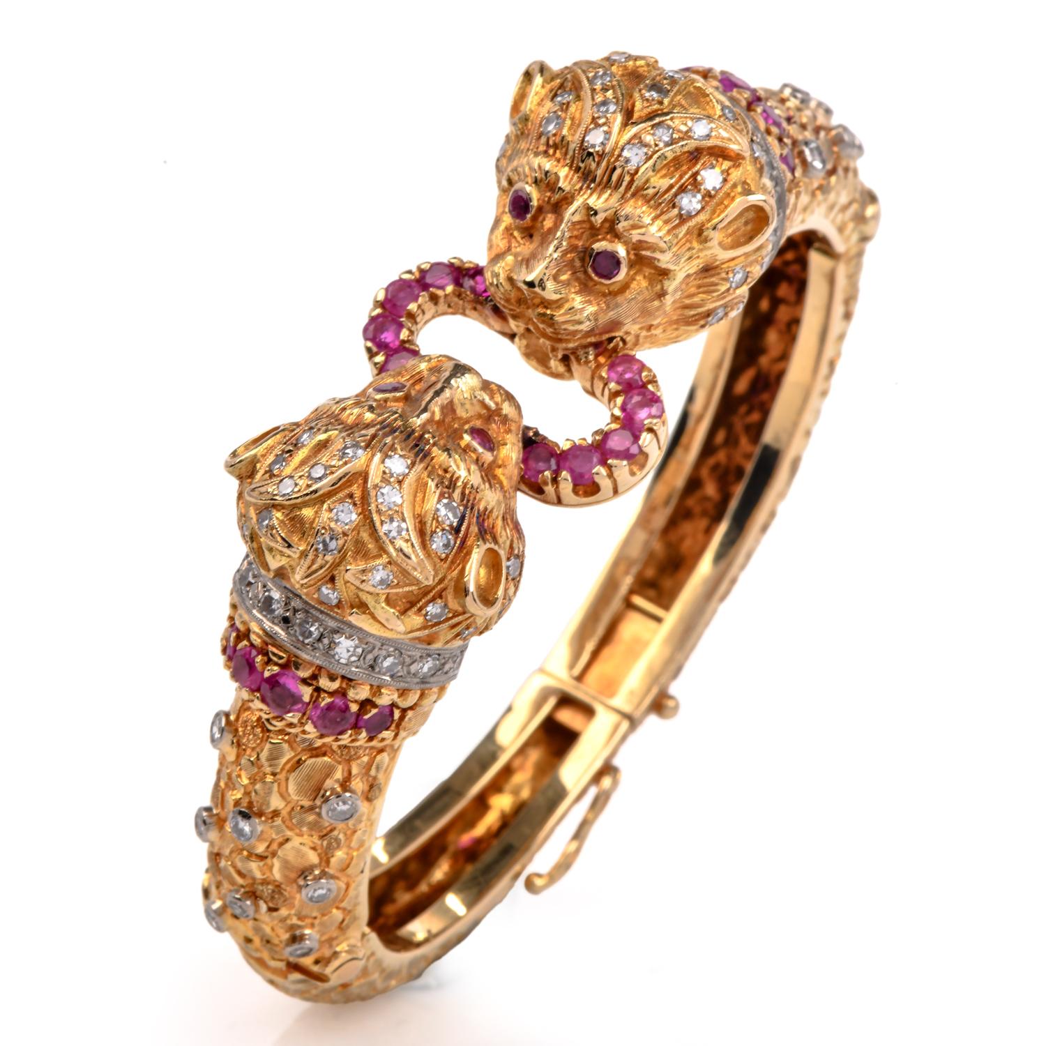 Round Cut Lalaounis Vintage Greek Revival Ruby Gold Lion Bangle Bracelet For Sale