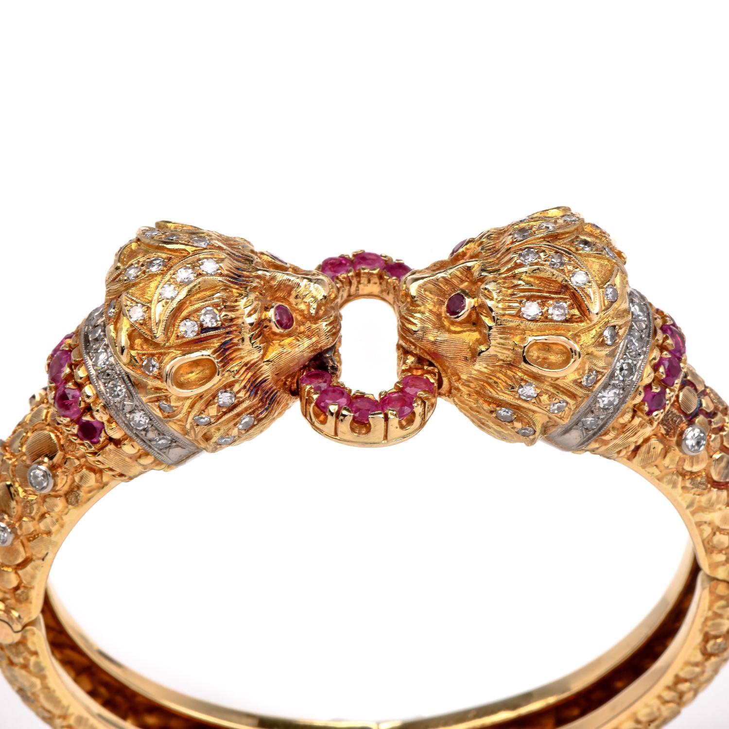 Women's Lalaounis Vintage Greek Revival Ruby Gold Lion Bangle Bracelet For Sale