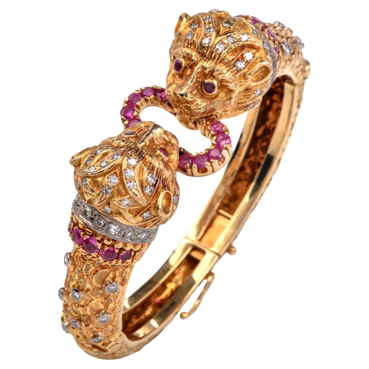 Lalaounis Vintage Greek Revival Ruby Gold Lion Bangle Bracelet For Sale