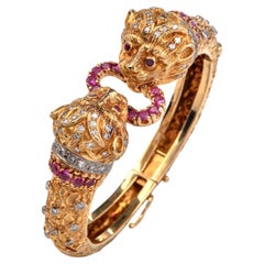 Lalaounis Vintage Greek Revival Ruby Gold Lion Bangle Bracelet