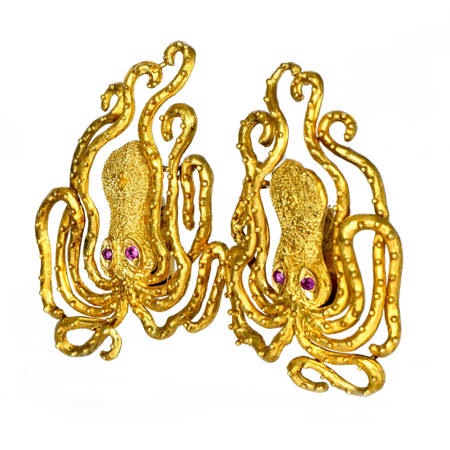 Retro Lalaounis Vintage Ruby 18K Yellow Gold Octopus Clip on Earrings