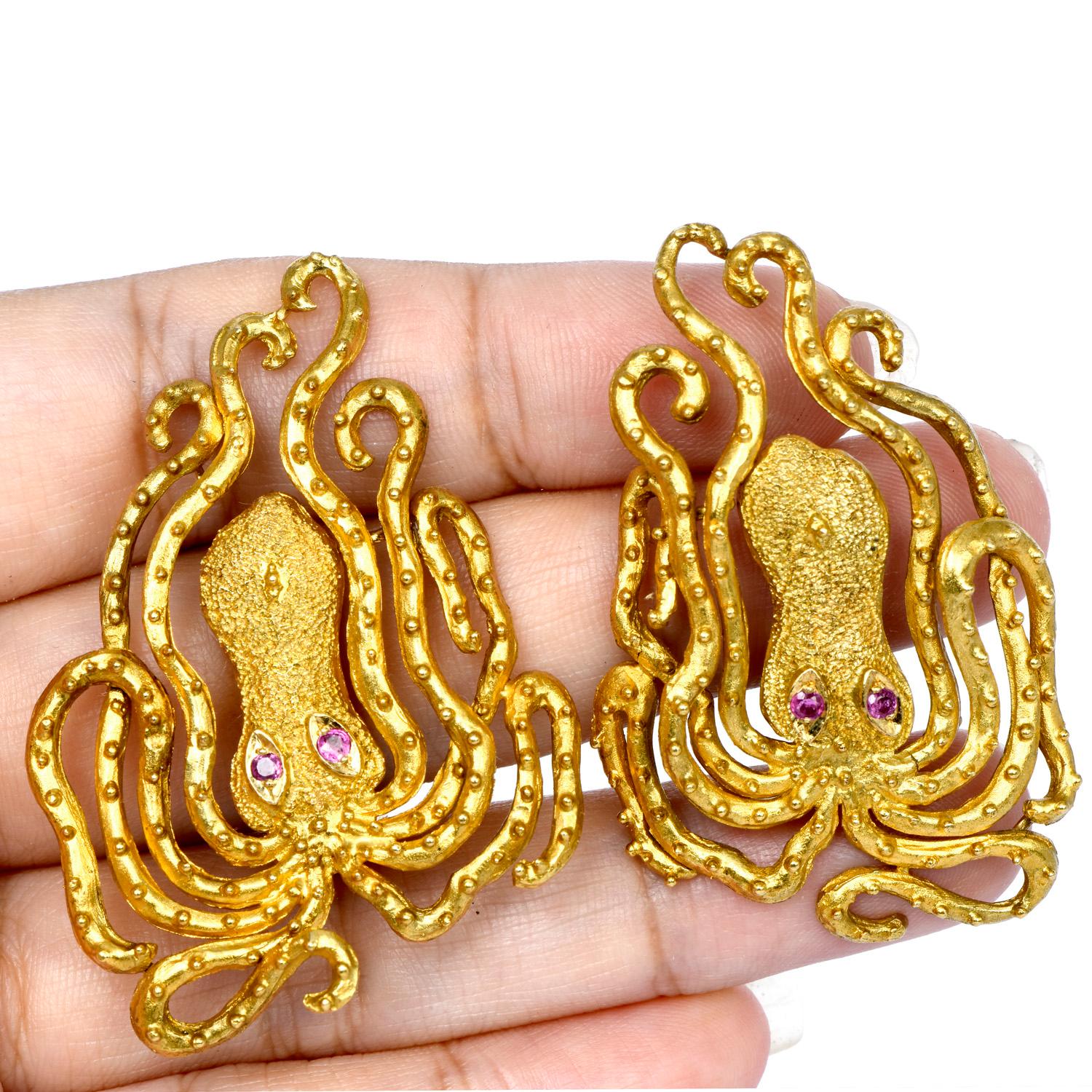 Women's Lalaounis Vintage Ruby 18K Yellow Gold Octopus Clip on Earrings