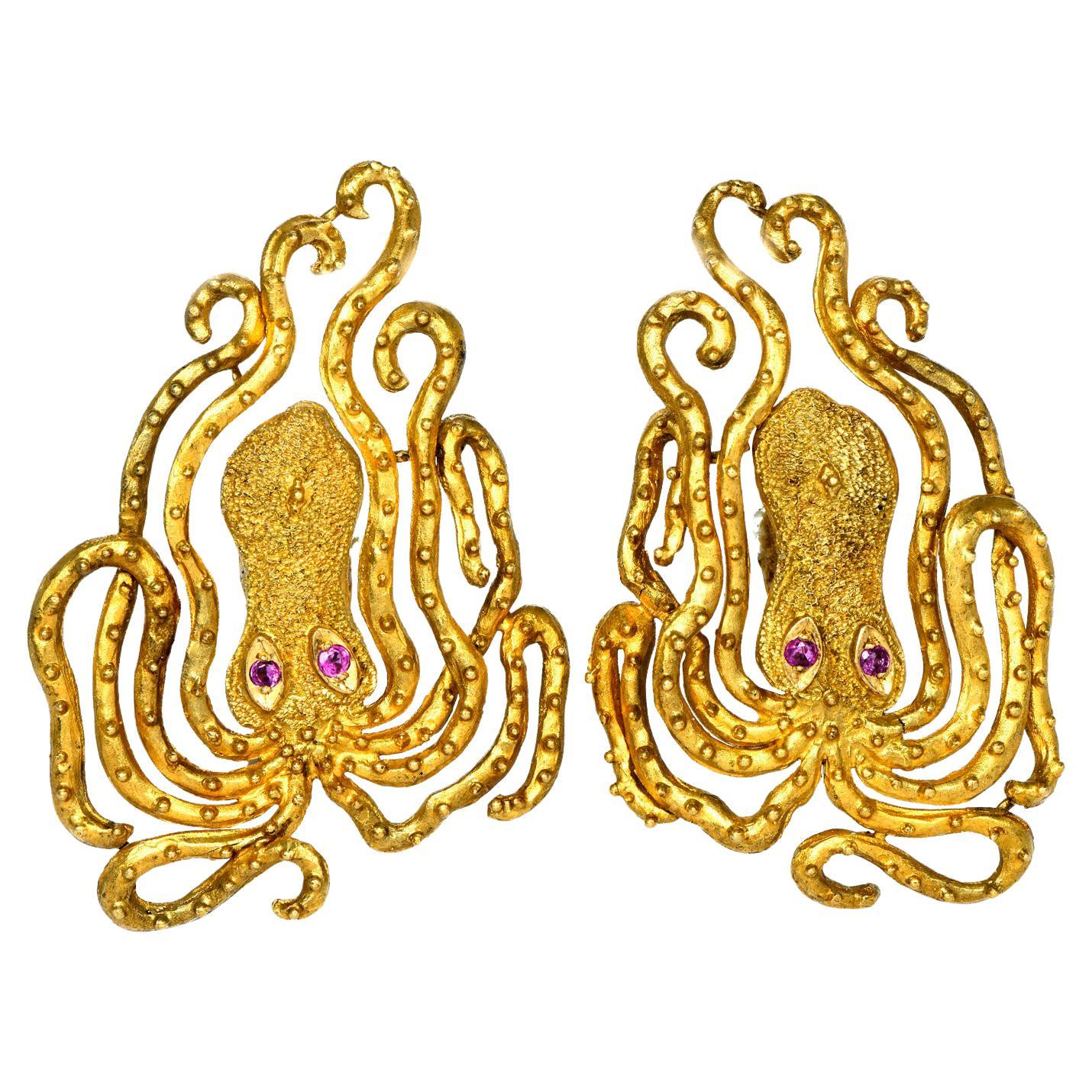 Lalaounis Vintage Ruby 18K Yellow Gold Octopus Clip on Earrings