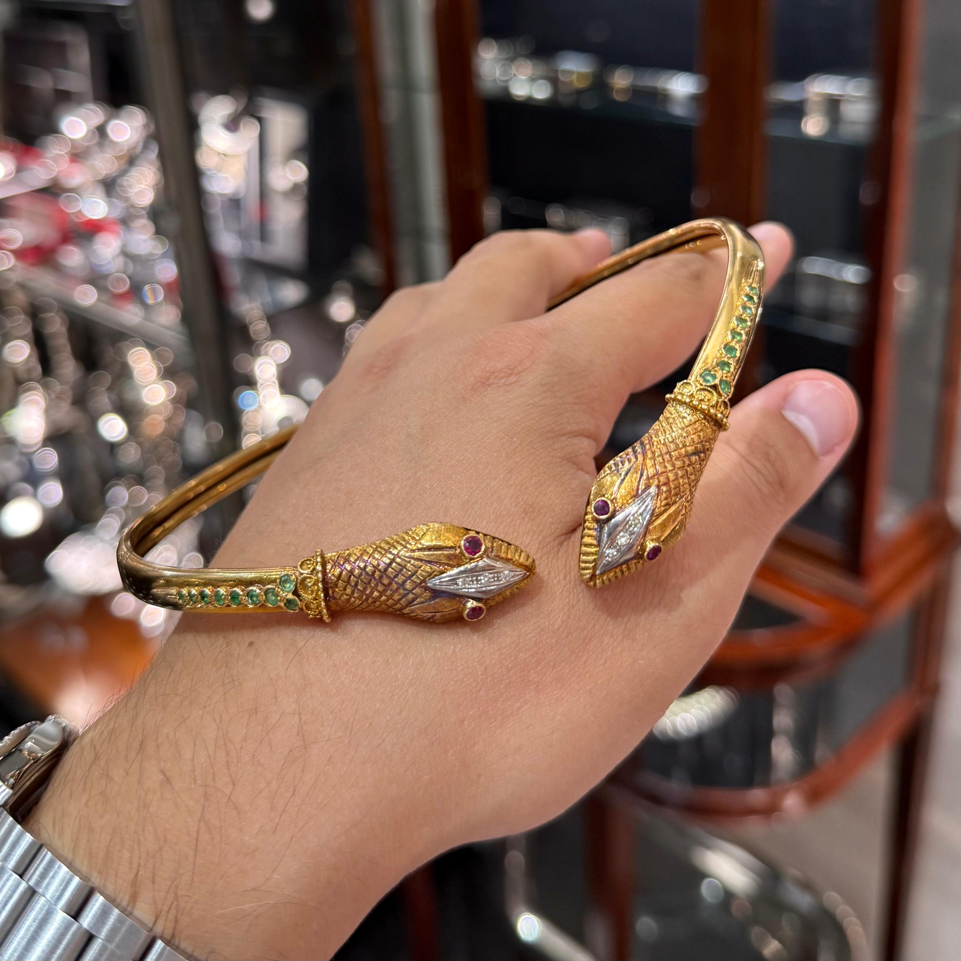 LALAoUNIS Vintage Snake Torque Necklace 18K Rose Gold Ruby Emerald Diamond 1980s For Sale 7
