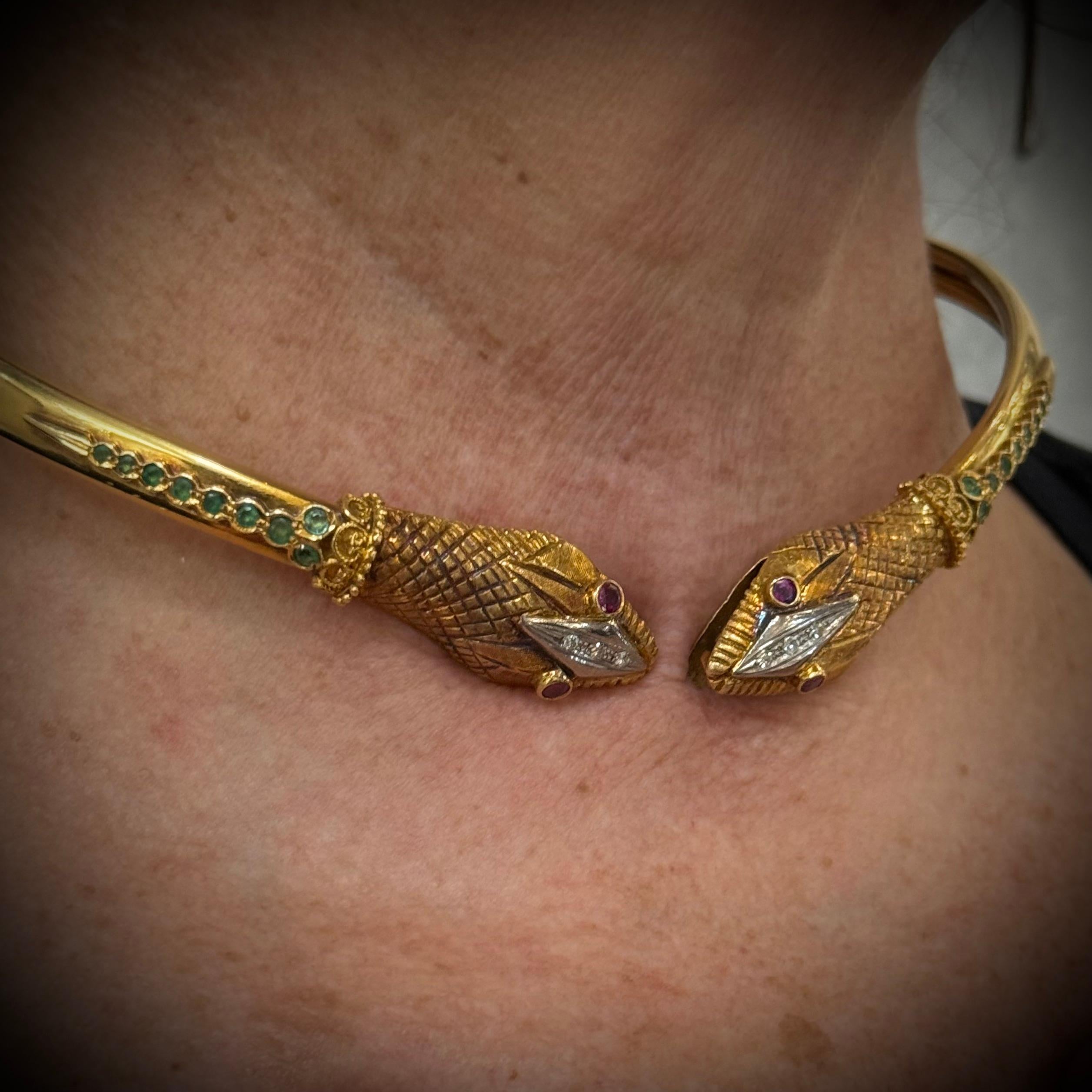 Round Cut LALAoUNIS Vintage Snake Torque Necklace 18K Rose Gold Ruby Emerald Diamond 1980s For Sale