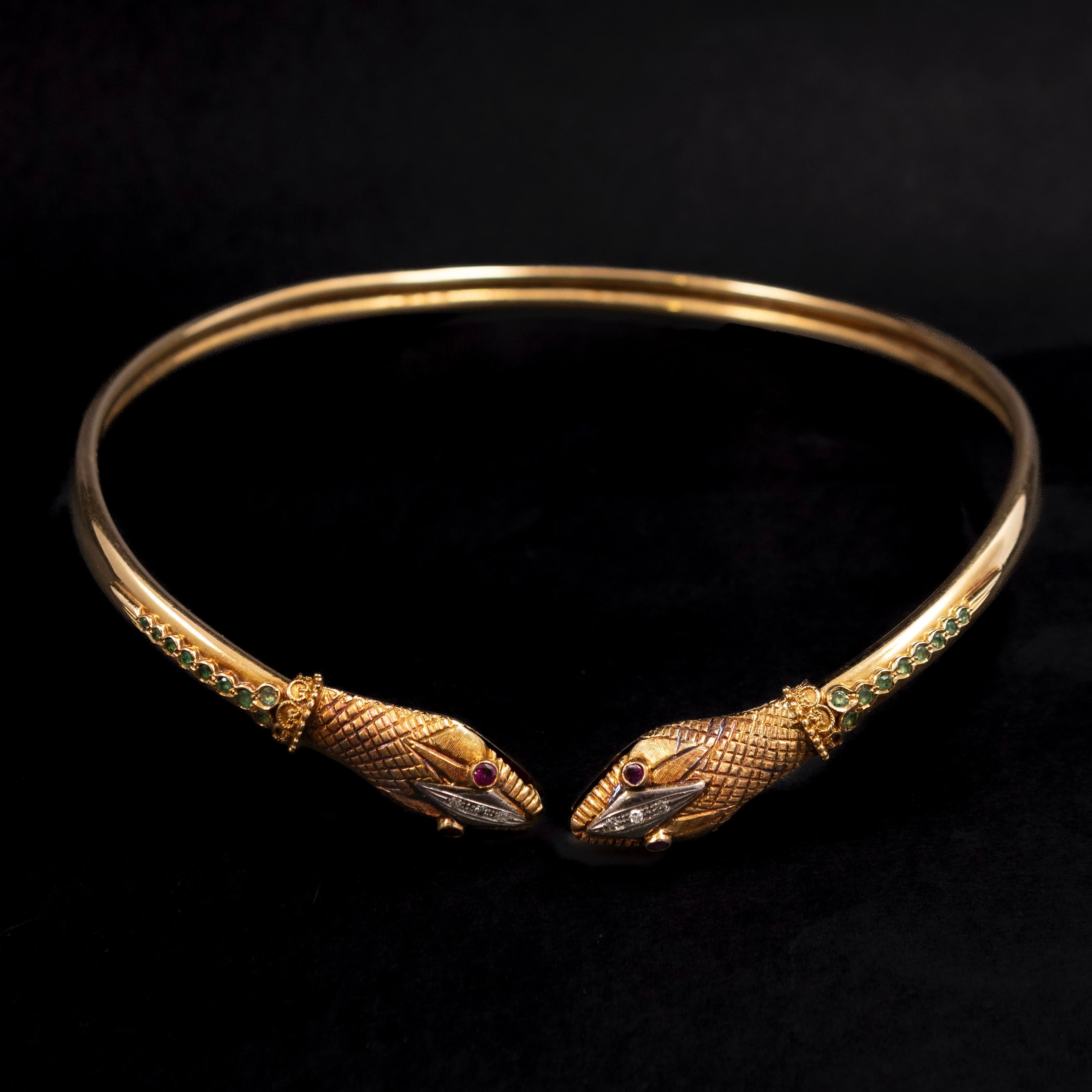 LALAoUNIS Vintage Snake Torque Necklace 18K Rose Gold Ruby Emerald Diamond 1980s In Good Condition For Sale In Lisbon, PT
