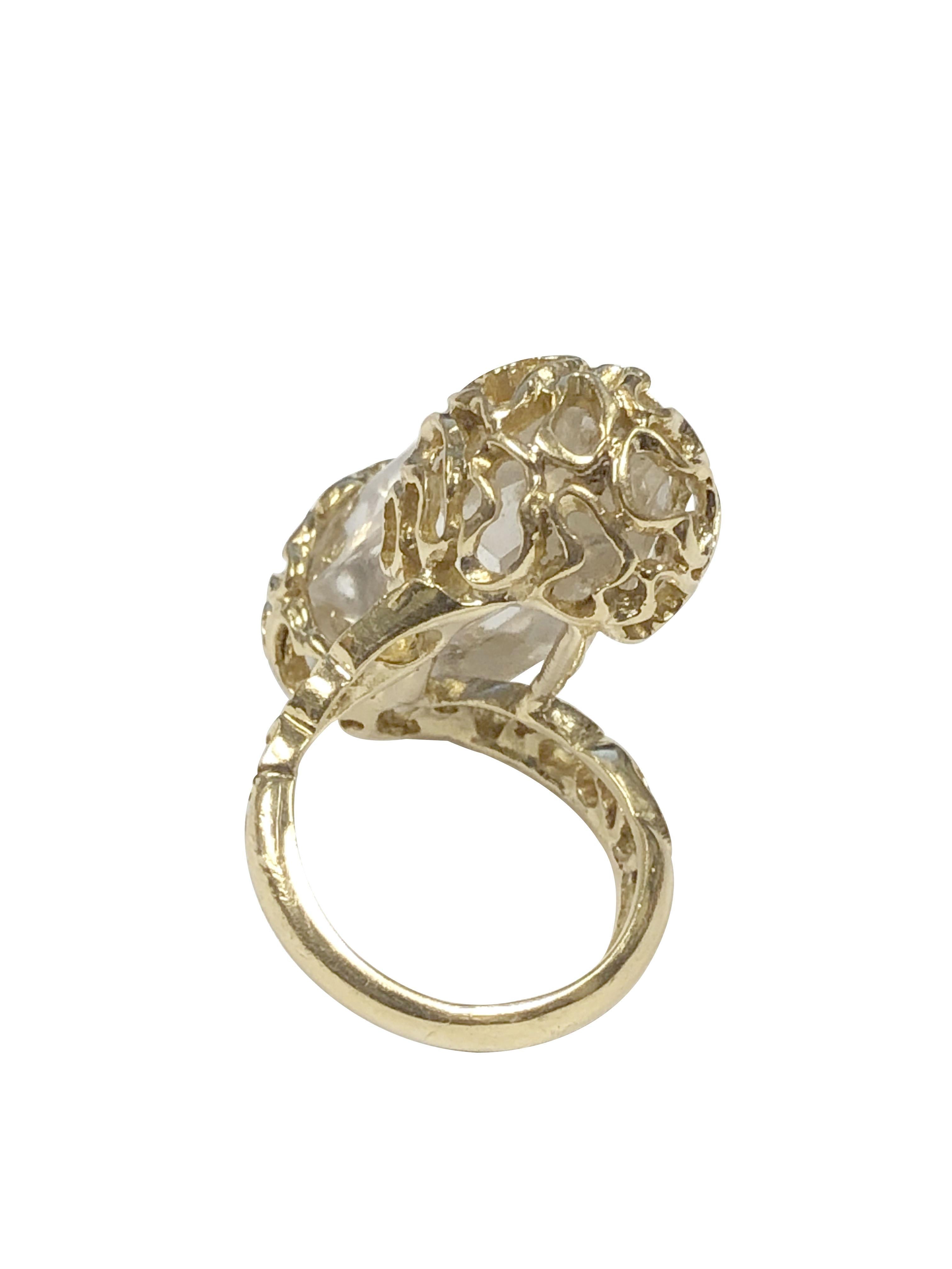 Tumbled LaLaounis Yellow Gold and Rock Crystal Modernist Ring For Sale