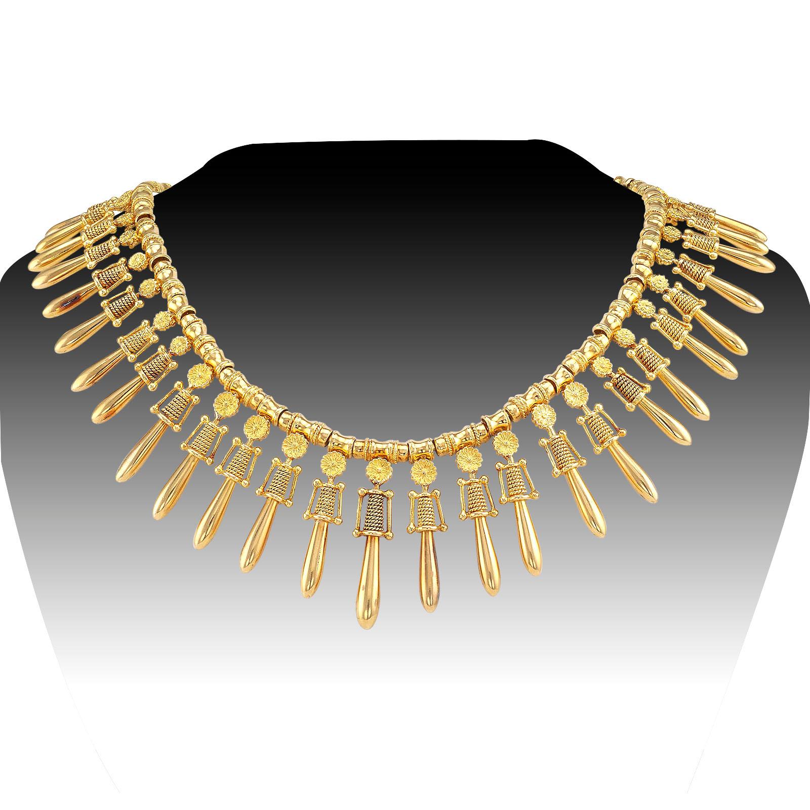 Lalaounis archaeological revival style yellow gold fringe necklace circa 1970.

DETAILS:

METAL: 18-karat yellow gold.
MEASUREMENTS: slightly graduated from 1-5/8” (4.1 cm) to 1-1/8” (2.9 cm), and 15” (38.1 cm) long overall, 125 grams.
SIGNED: