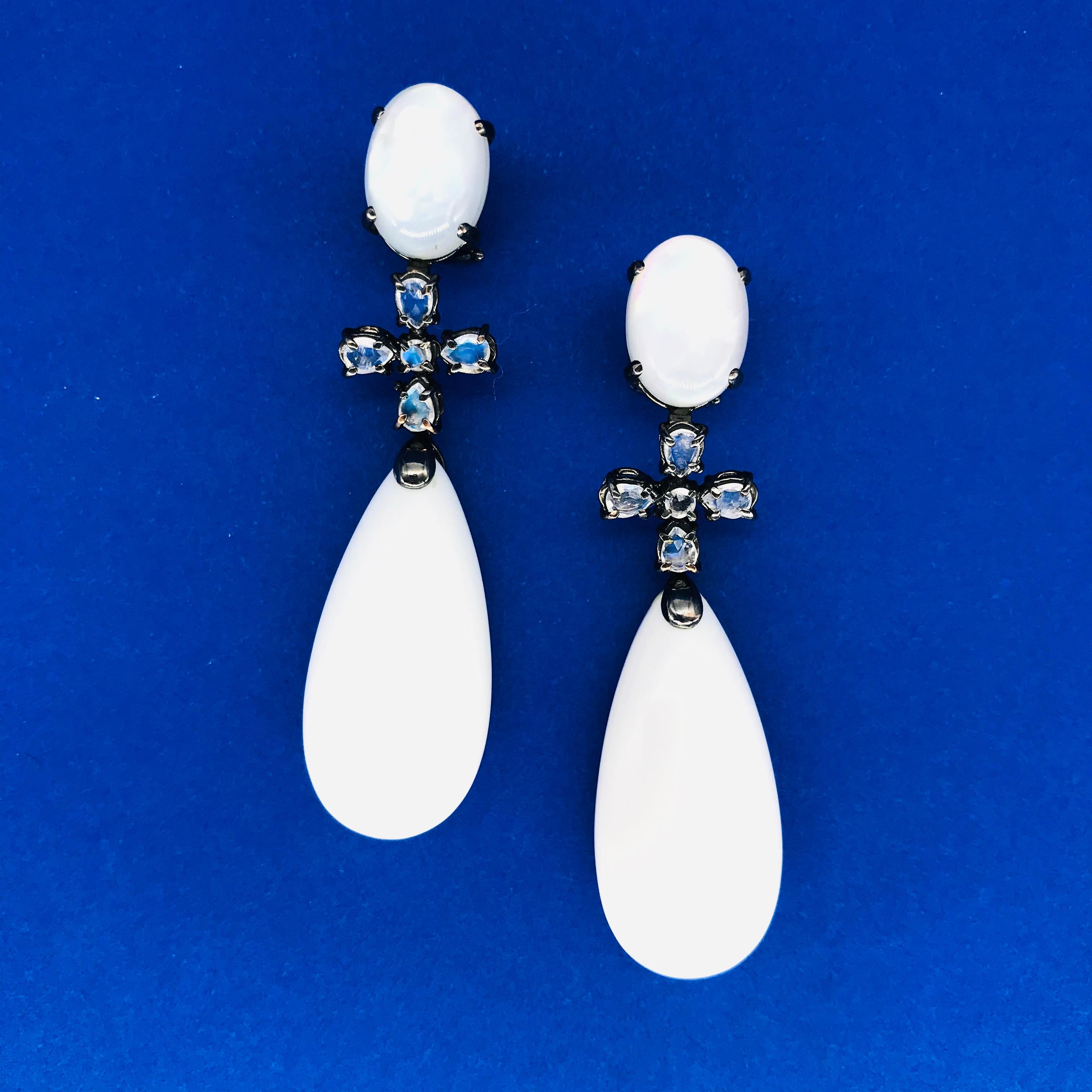Lalino Quartz Agatha and Moonstone on Weight Black Gold Chandelier Earrings 4