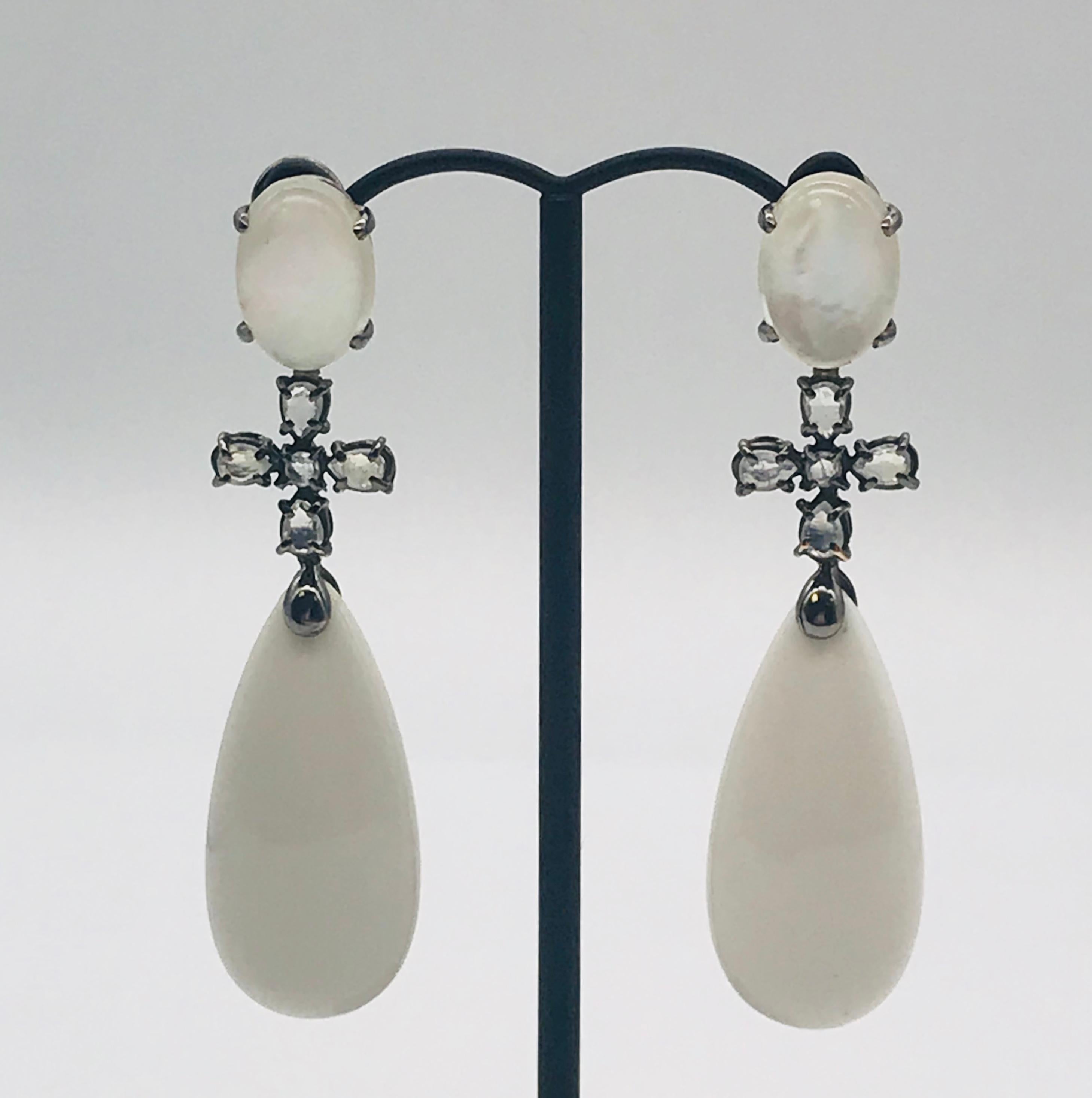 Oval Cut Lalino Quartz Agatha and Moonstone on Weight Black Gold Chandelier Earrings