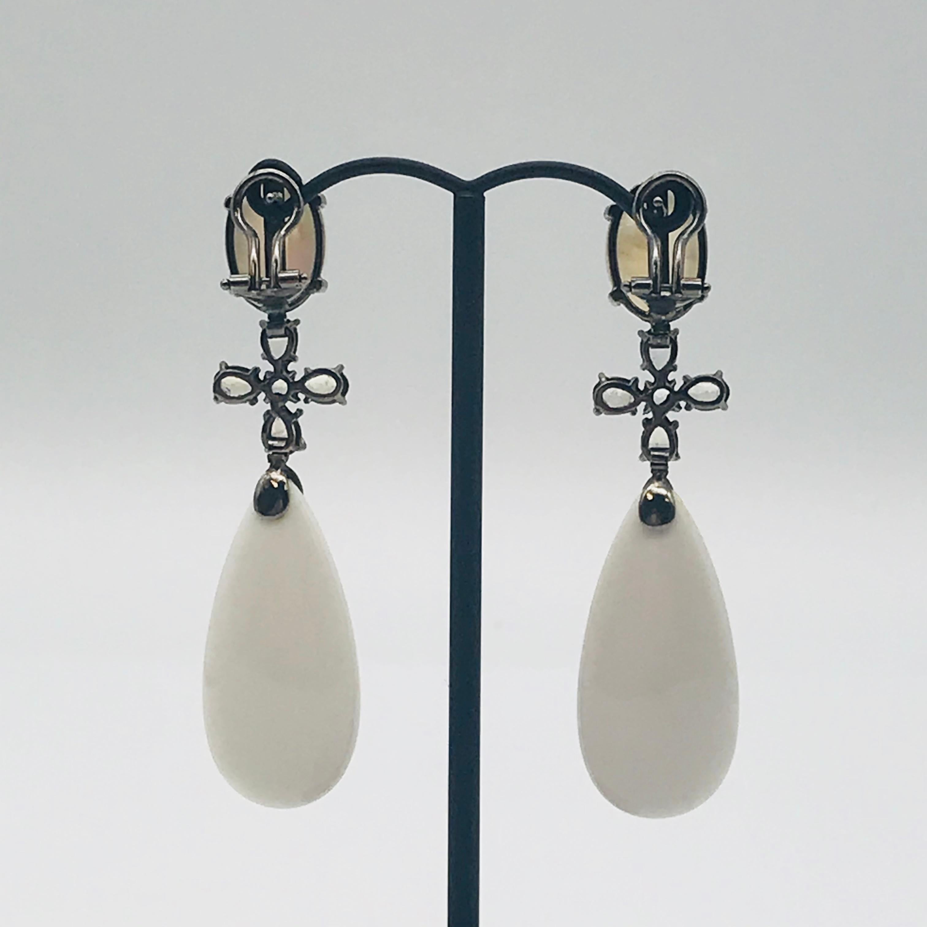 Lalino Quartz Agatha and Moonstone on Weight Black Gold Chandelier Earrings 2