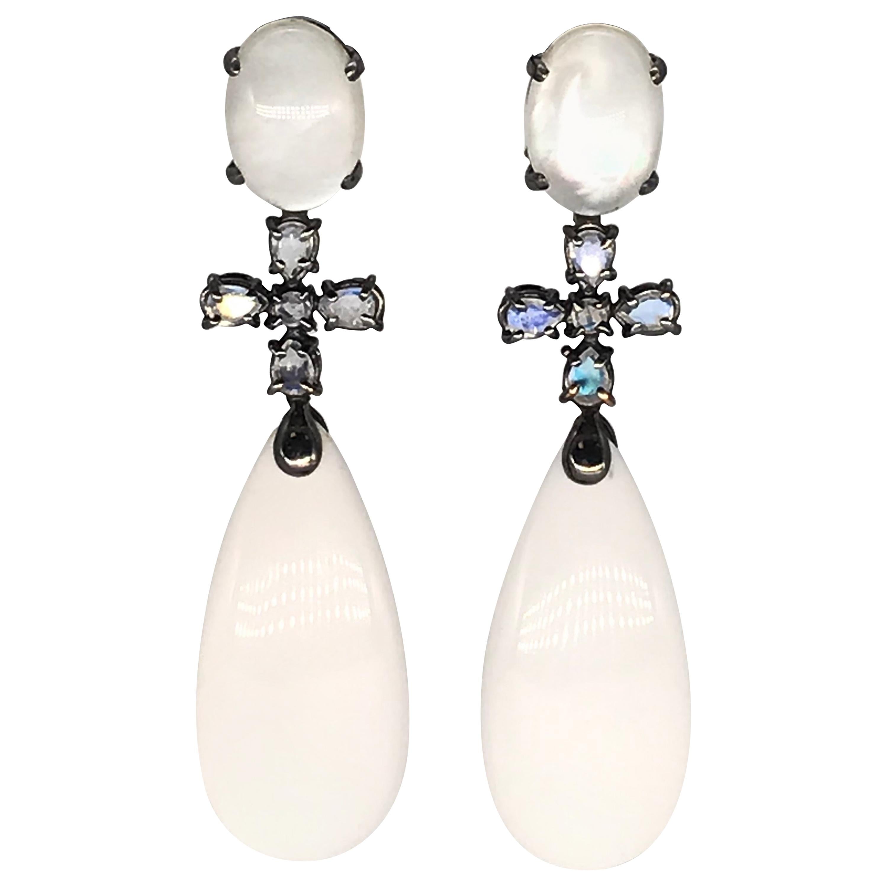 Lalino Quartz Agatha and Moonstone on Weight Black Gold Chandelier Earrings