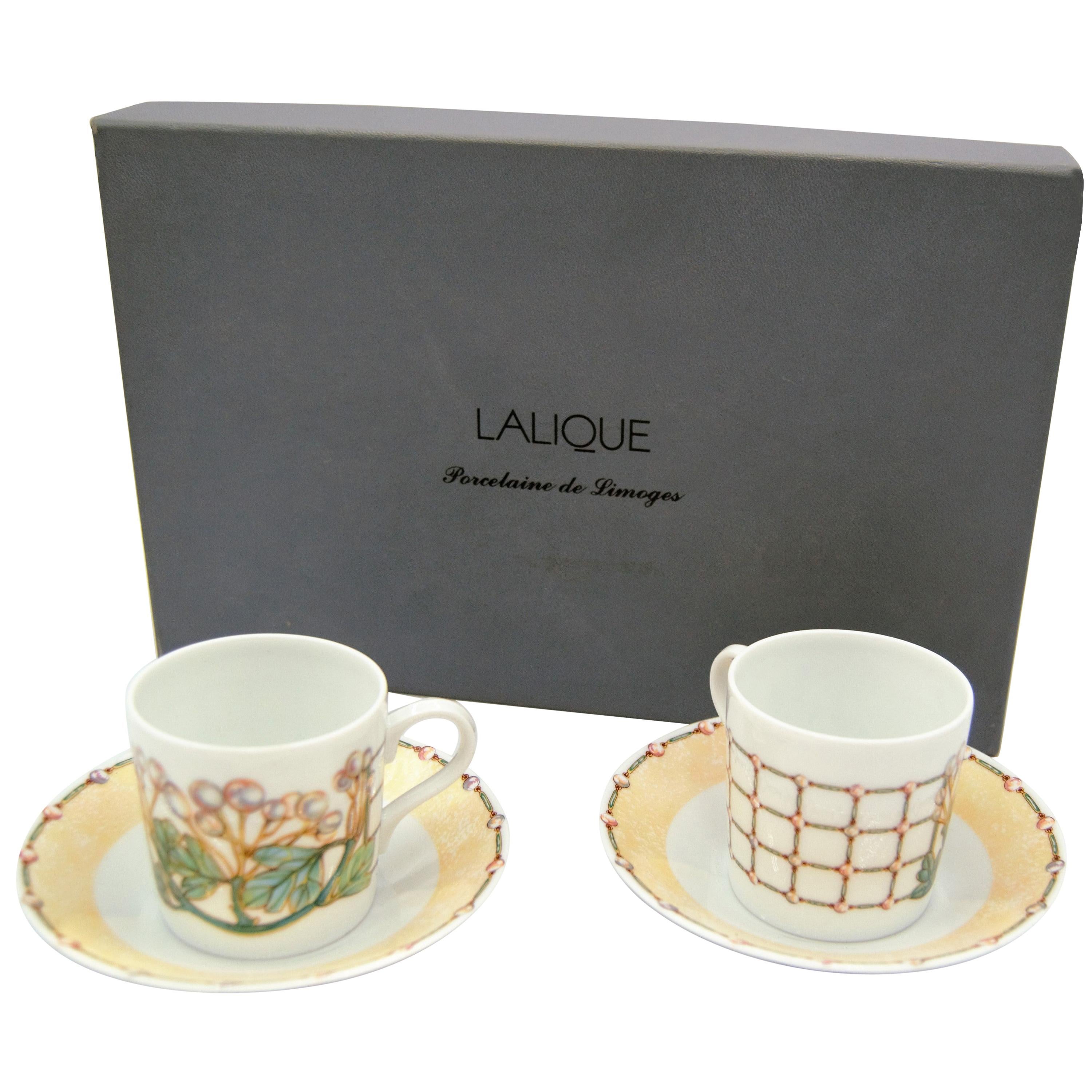 Lalique, 2 Cups and Saucers "Perles" Limoges Porcelain