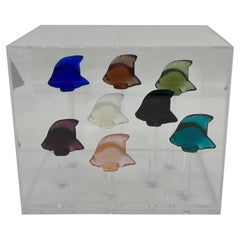 Lalique 8 Fish Multicolored & Lucite Box Aquarium