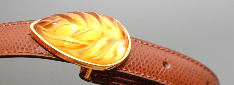 Lalique Amber Crystal Art Glass Leaf Buckle With Brown  display picture 3