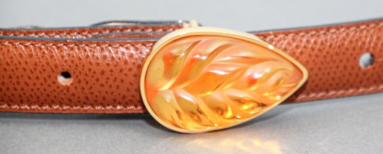 Lalique Amber Crystal Art Glass Leaf Buckle With Brown  display picture 2