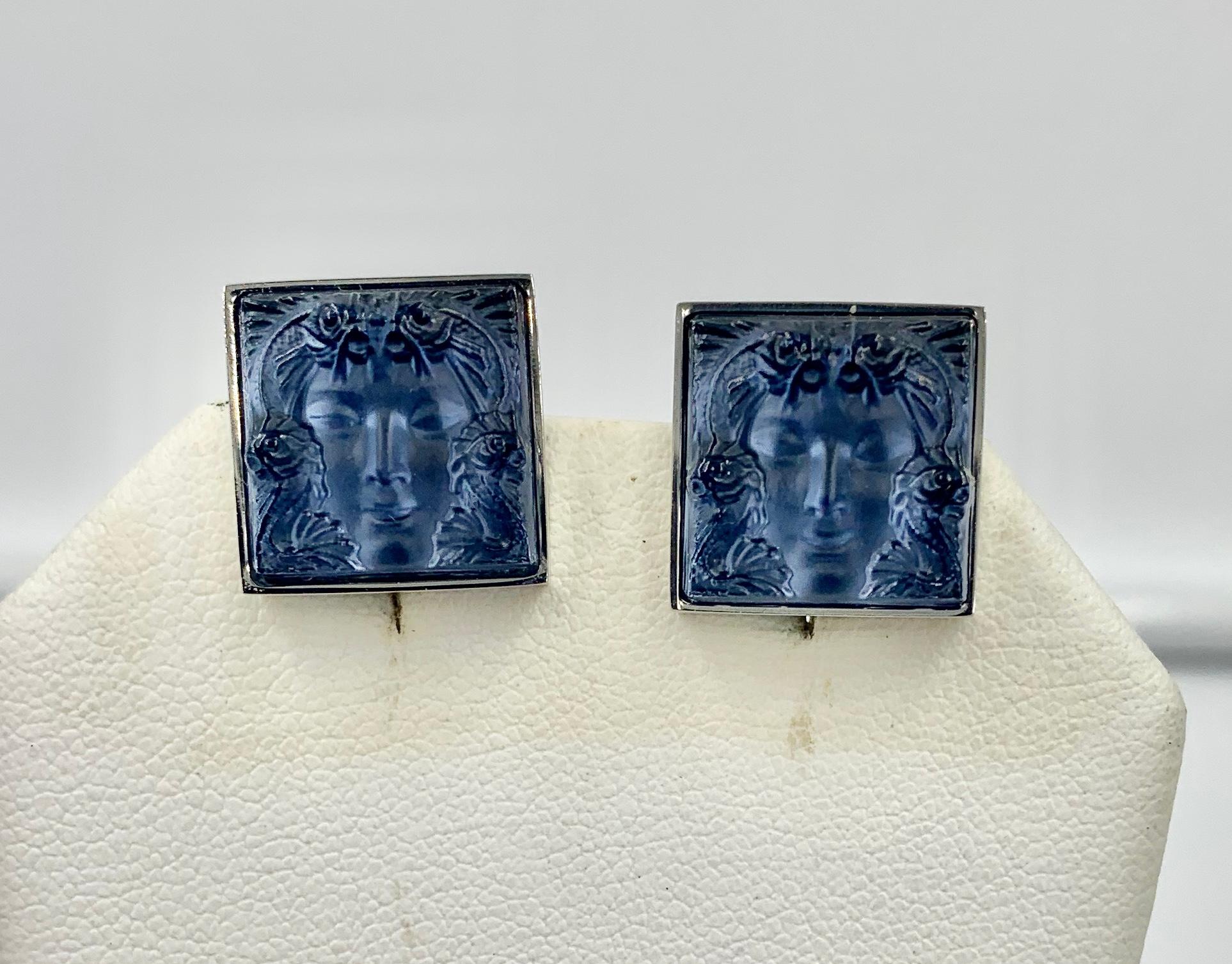 Lalique Arethuse Manschettenknöpfe Saphirblaues Kristall Palladium Endbearbeitung (Art nouveau)