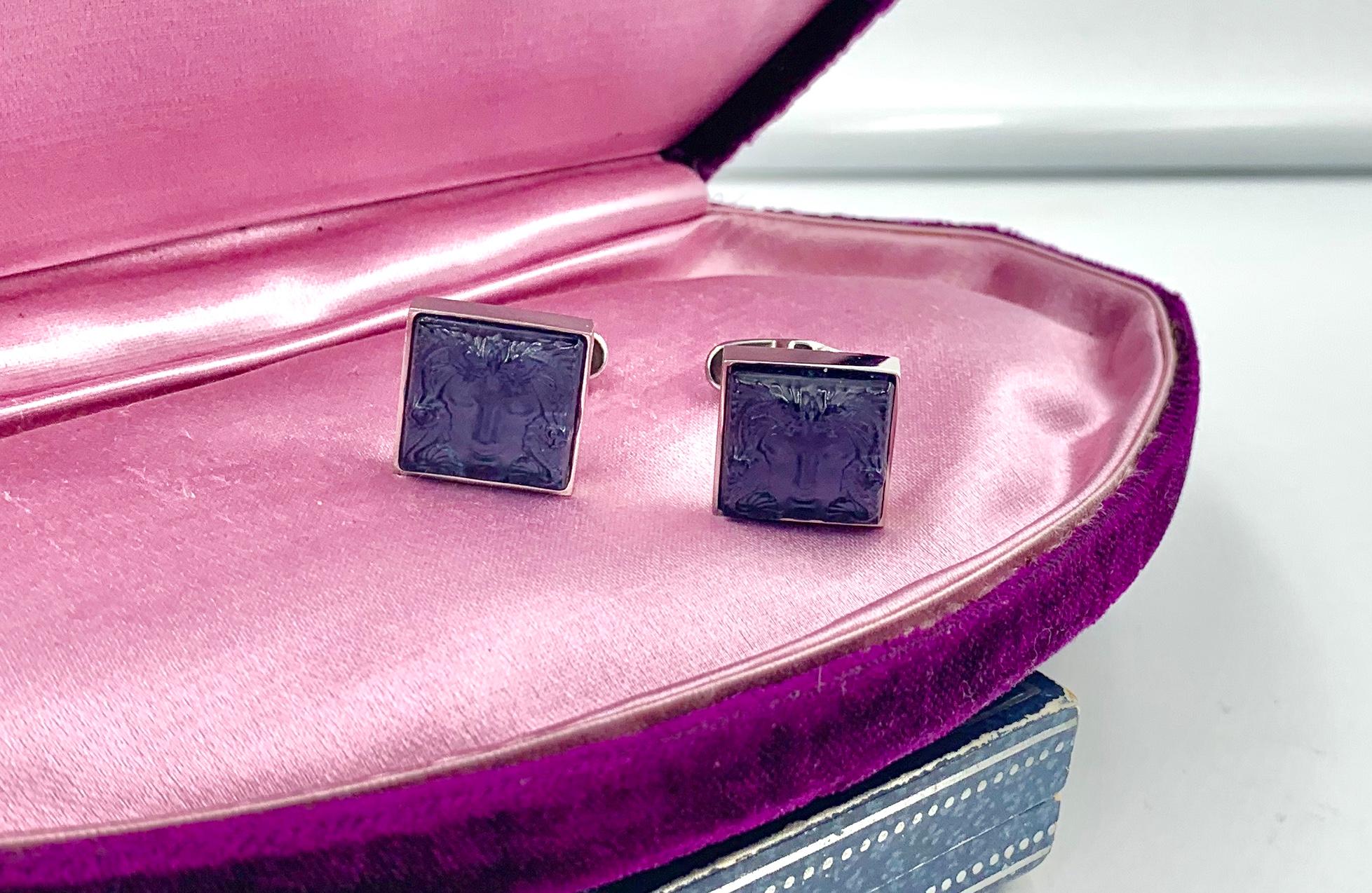 Lalique Arethuse Manschettenknöpfe Saphirblaues Kristall Palladium Endbearbeitung (Porträtschliff)