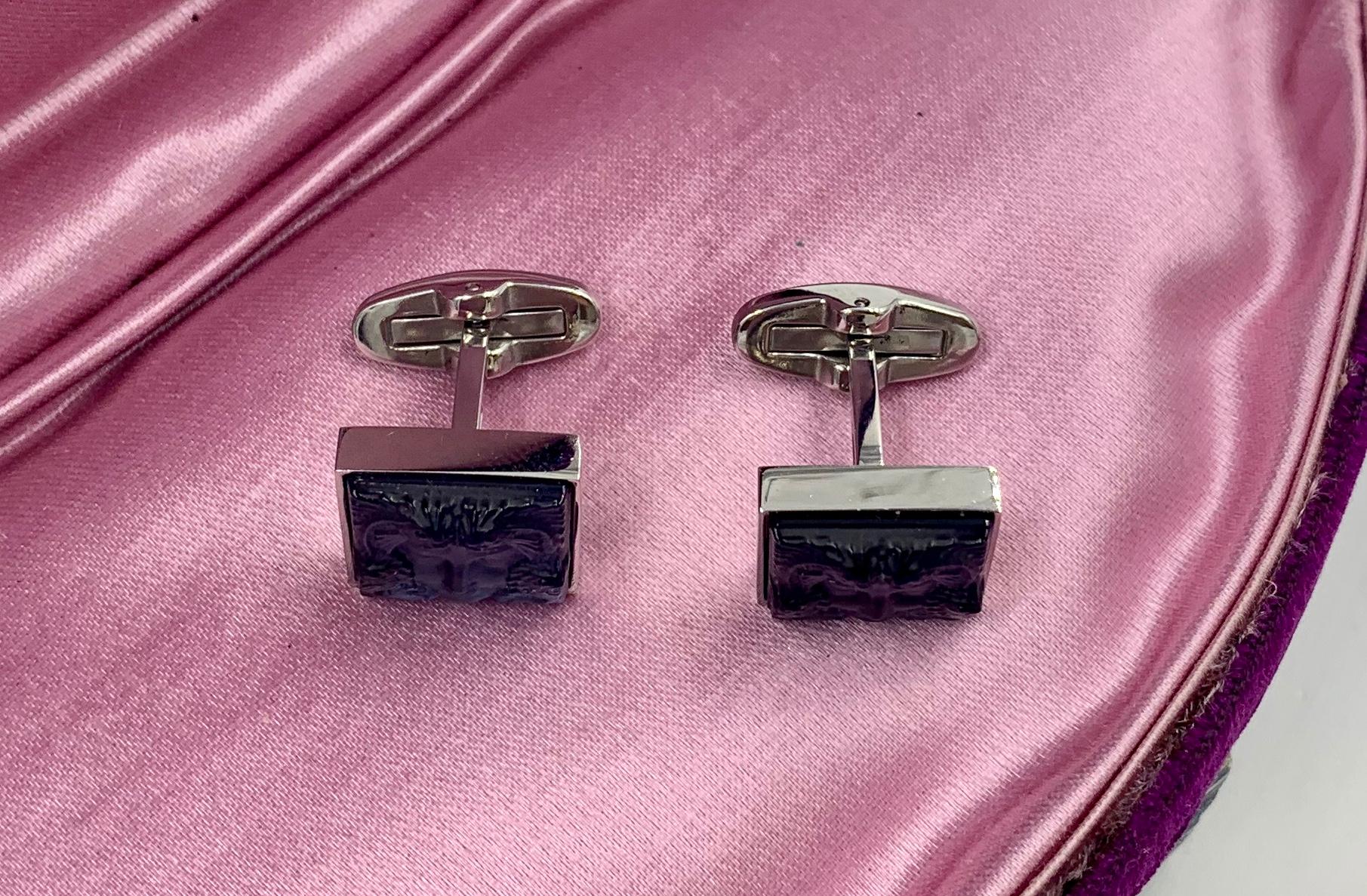 Lalique Arethuse Manschettenknöpfe Saphirblaues Kristall Palladium Endbearbeitung im Zustand „Hervorragend“ in New York, NY