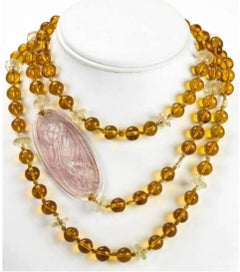 Lalique Art Deco Art Glass Plaque on Lalique Beaded Amber Glass Necklace