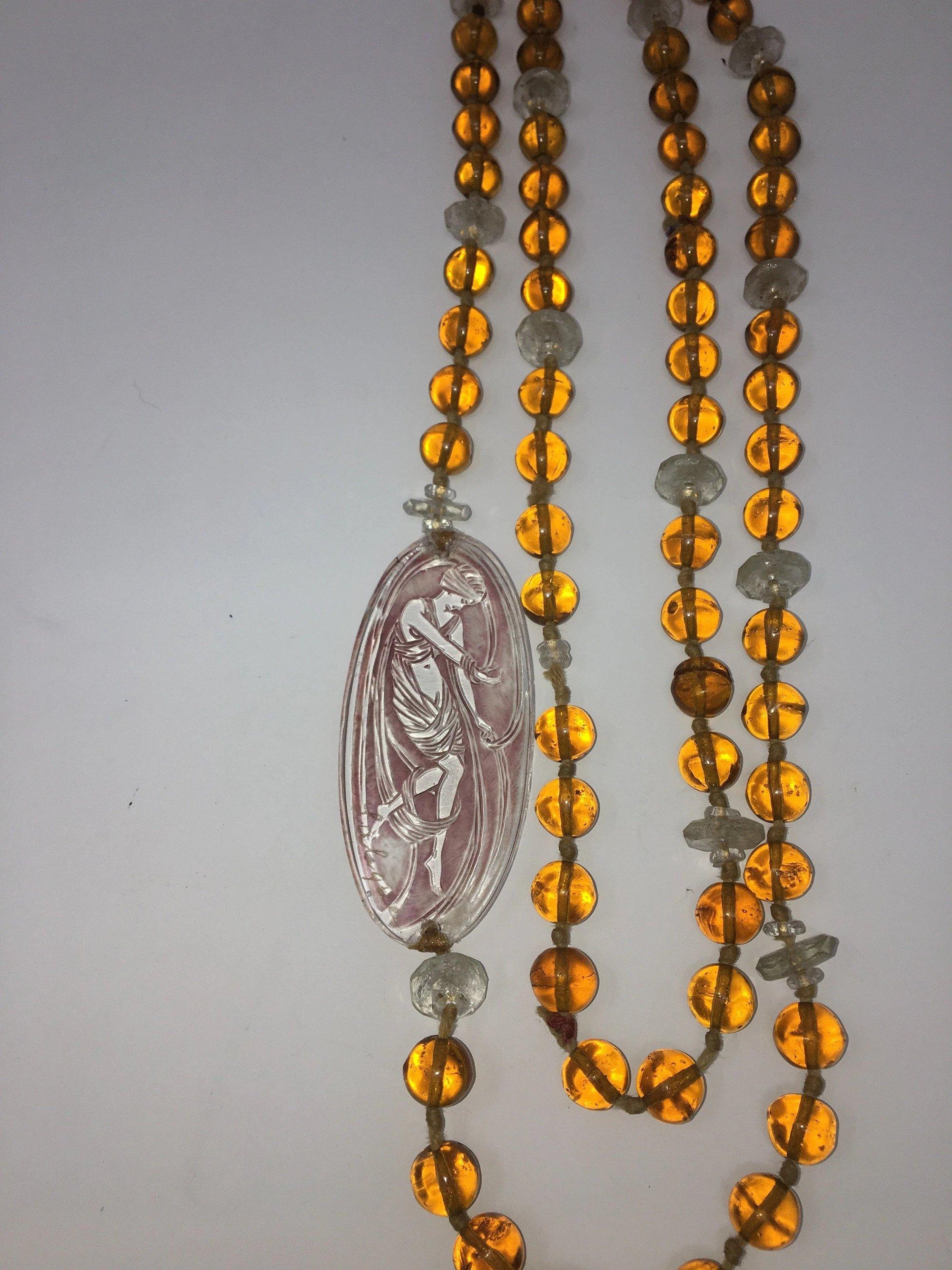 Art Nouveau Lalique Art Deco Art Glass Plaque on Lalique Beaded Amber Glass Necklace