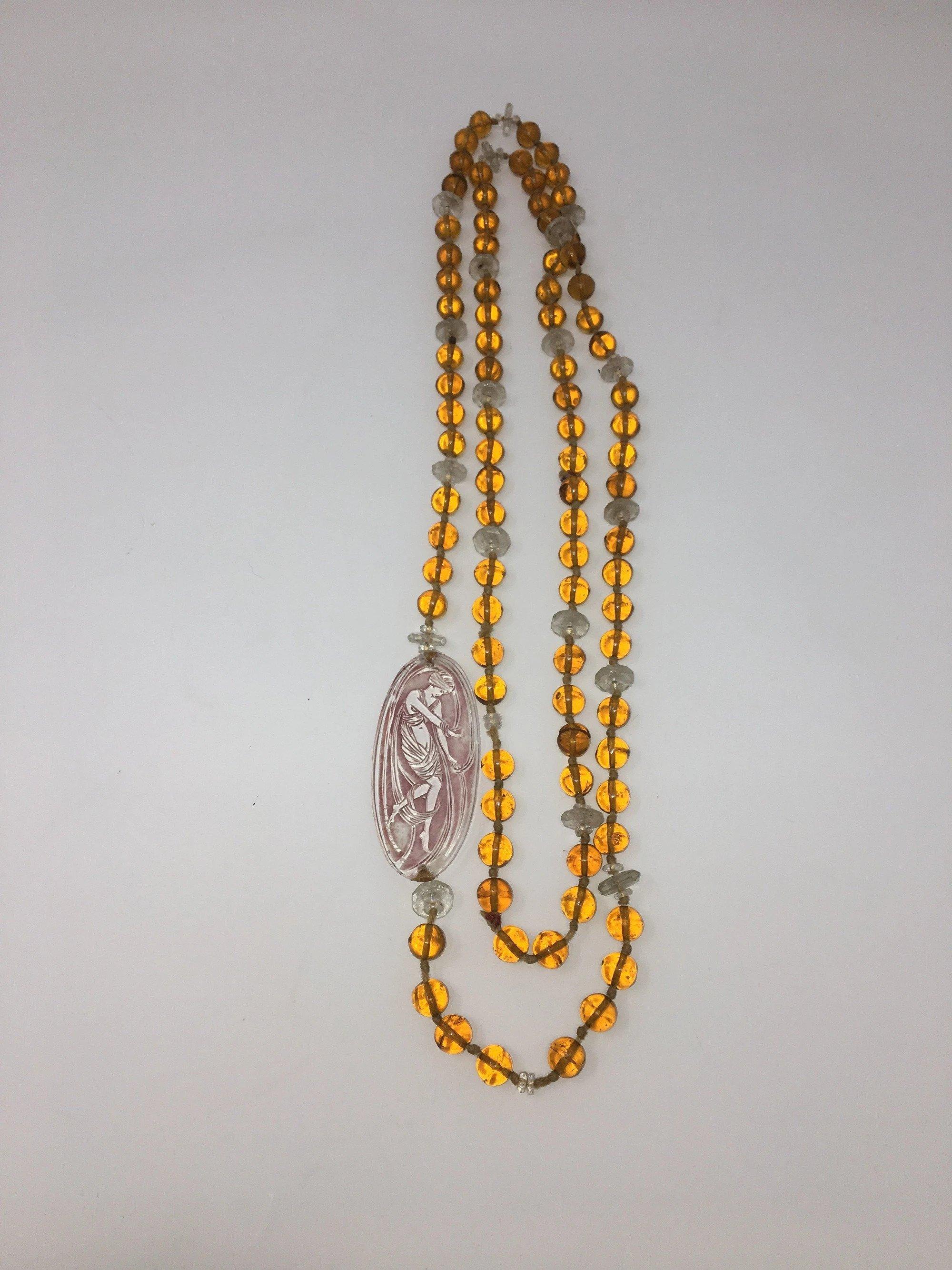 French Lalique Art Deco Art Glass Plaque on Lalique Beaded Amber Glass Necklace