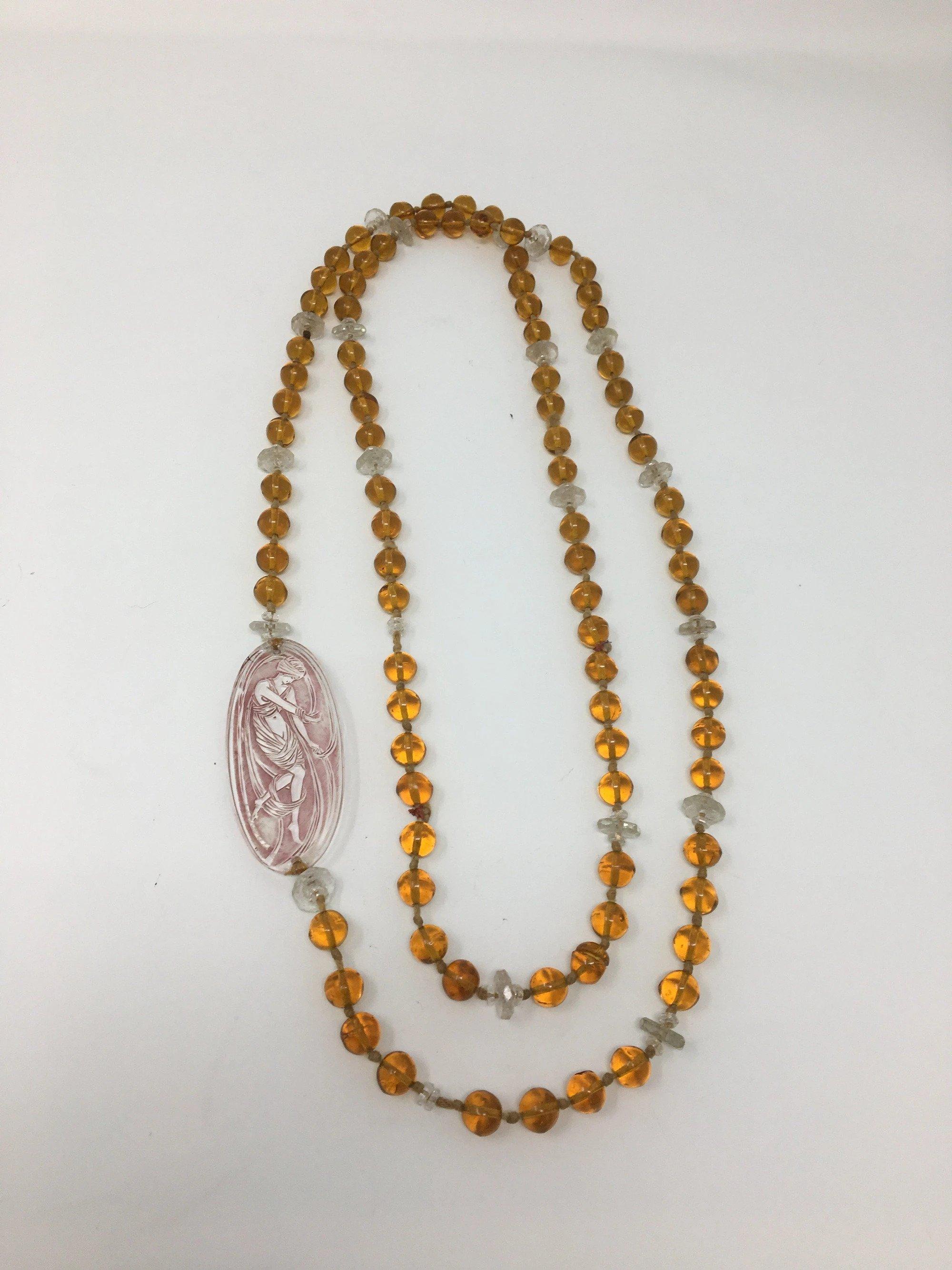 Lalique Art Deco Art Glass Plaque on Lalique Beaded Amber Glass Necklace In Good Condition In Doylestown, PA