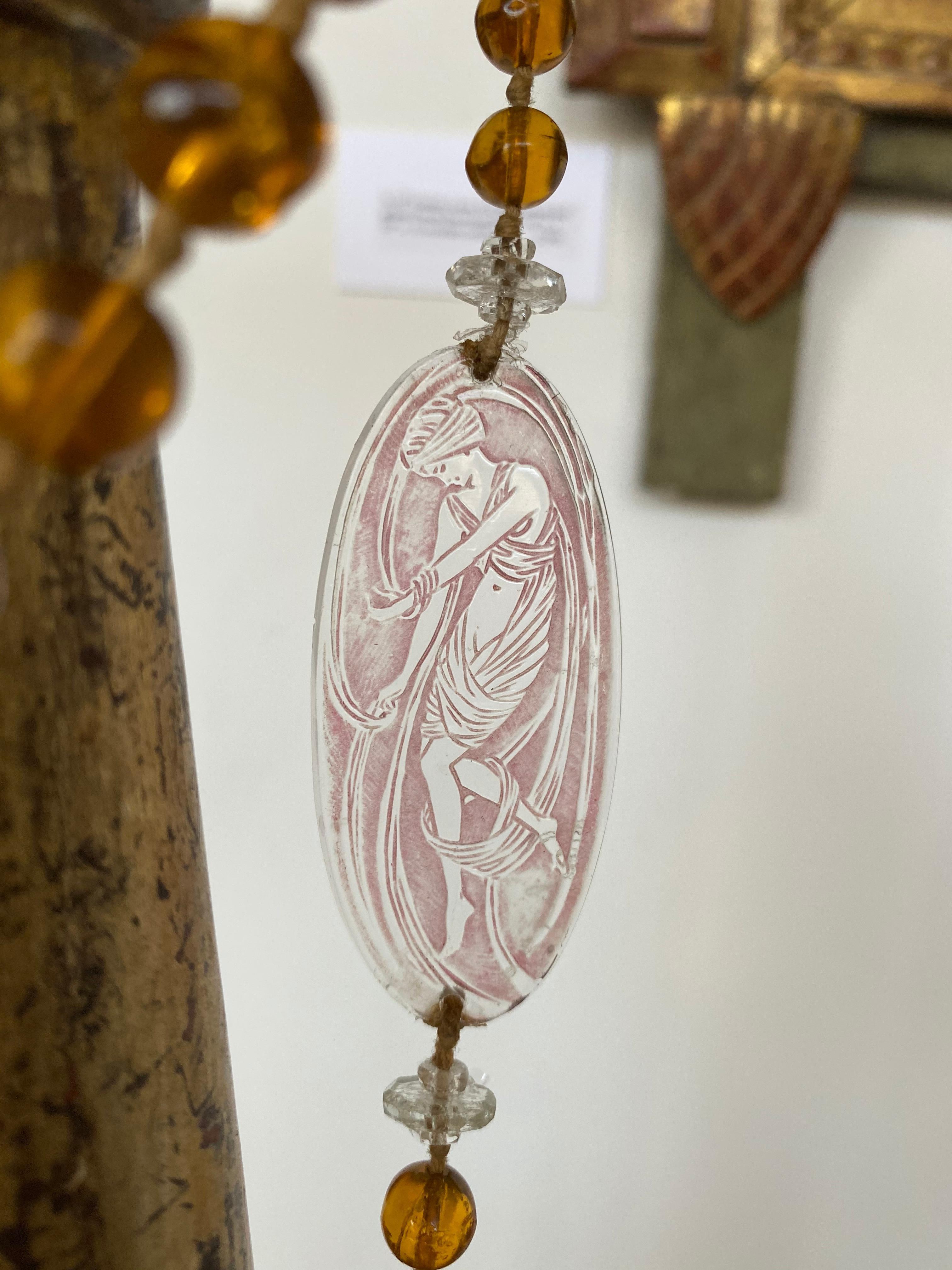 20th Century Lalique Art Deco Art Glass Plaque on Lalique Beaded Amber Glass Necklace