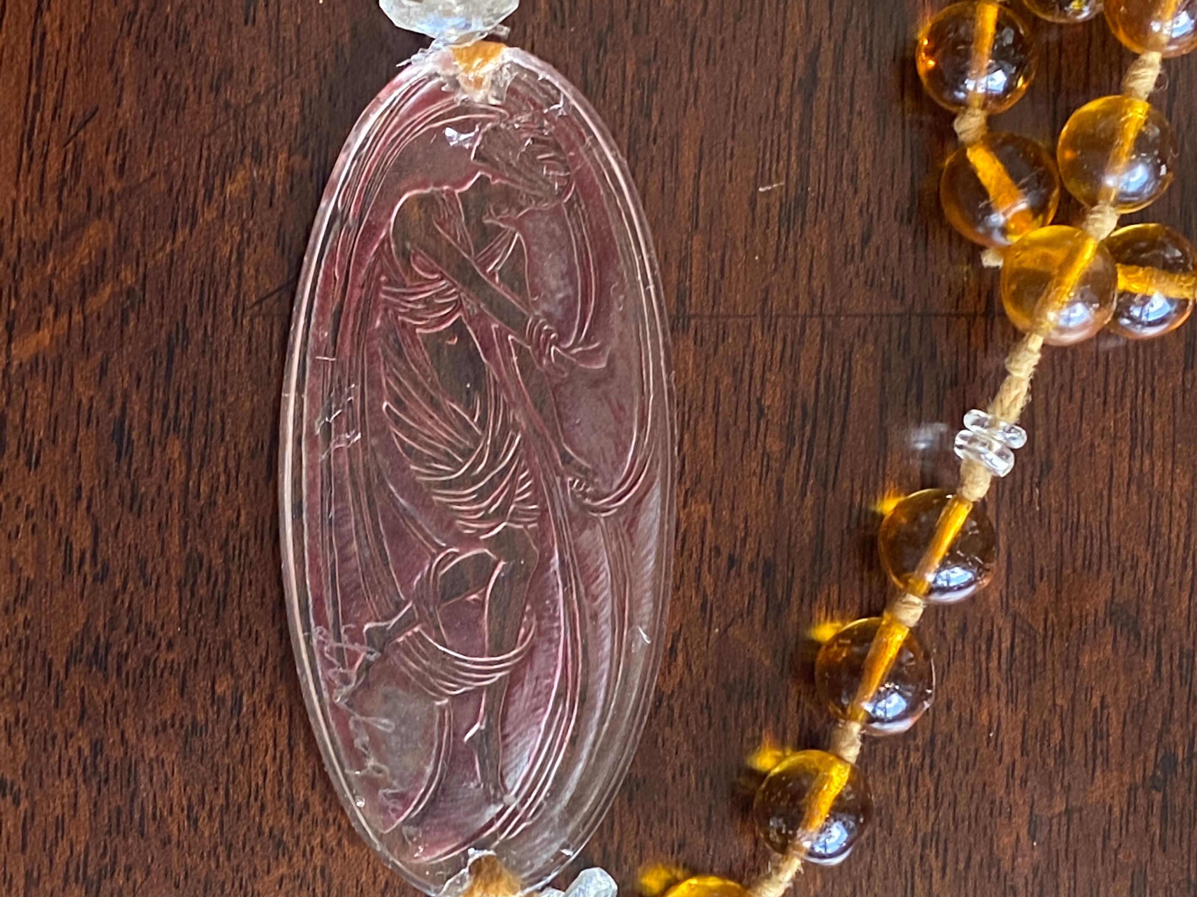 Crystal Lalique Art Deco Art Glass Plaque on Lalique Beaded Amber Glass Necklace