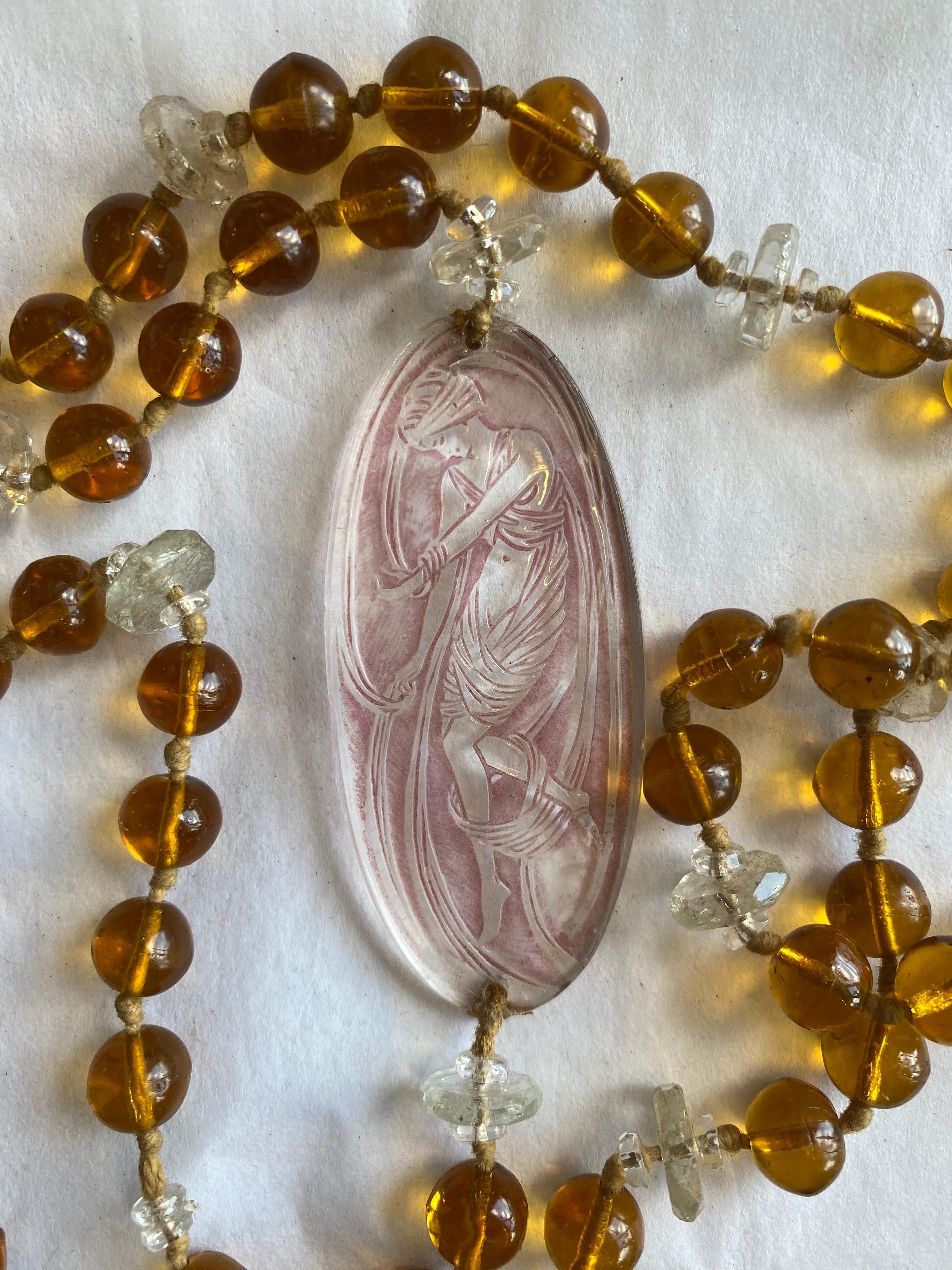Lalique Art Deco Art Glass Plaque on Lalique Beaded Amber Glass Necklace 1