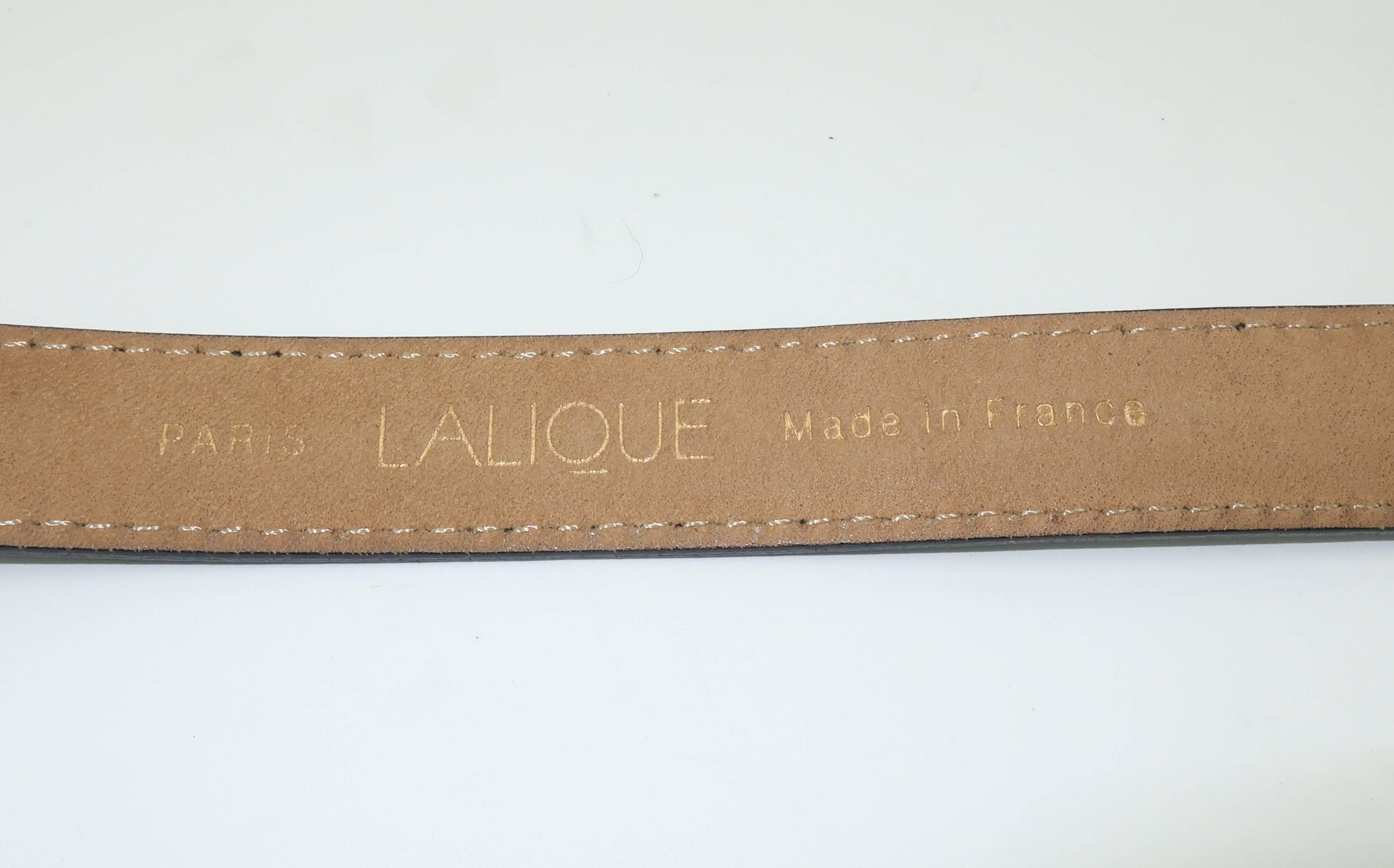 Lalique Art Glass Leaf Buckle With Black Leather Belt 4