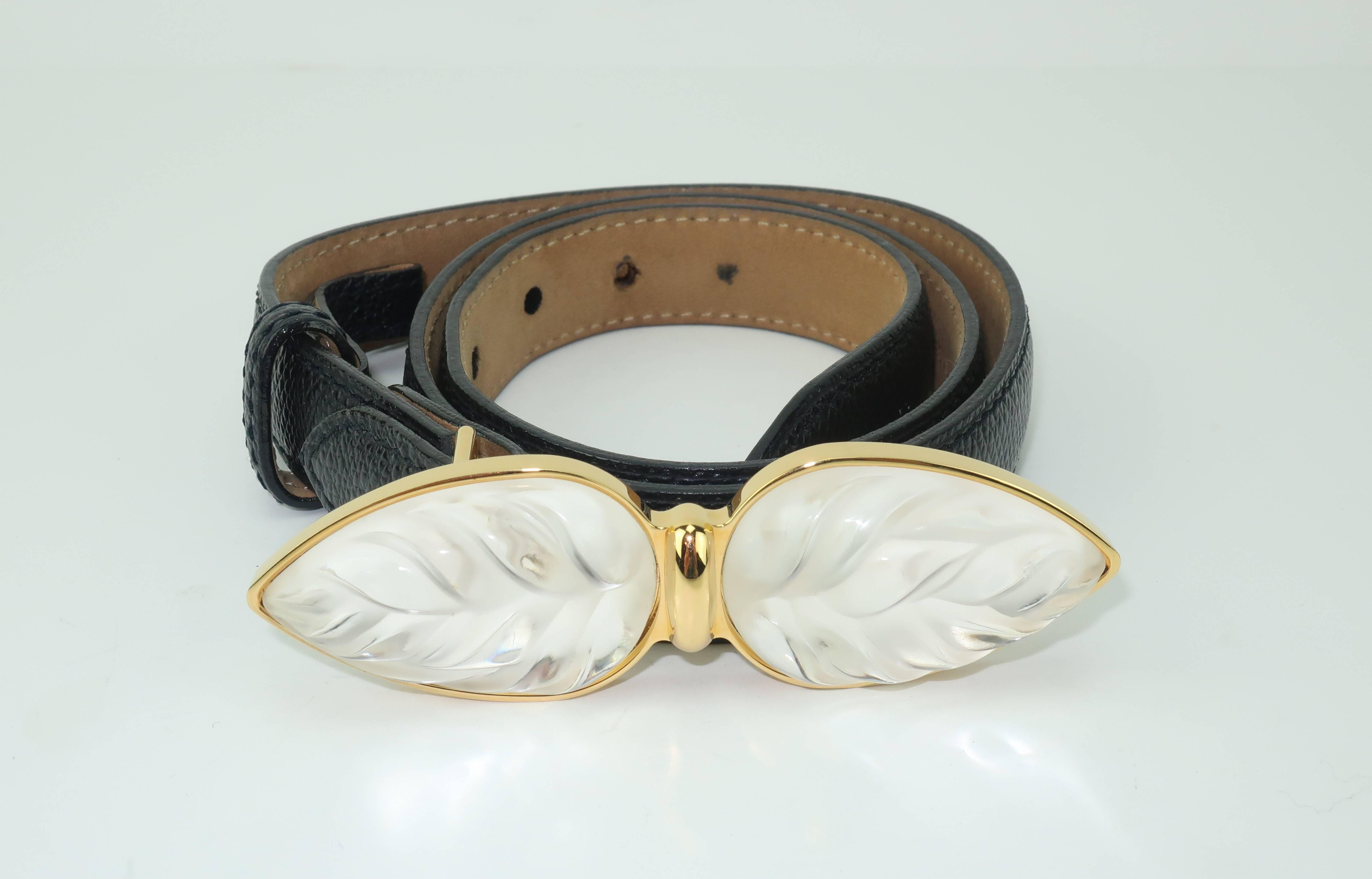 Lalique Art Glass Leaf Buckle With Black Leather Belt In Good Condition In Atlanta, GA