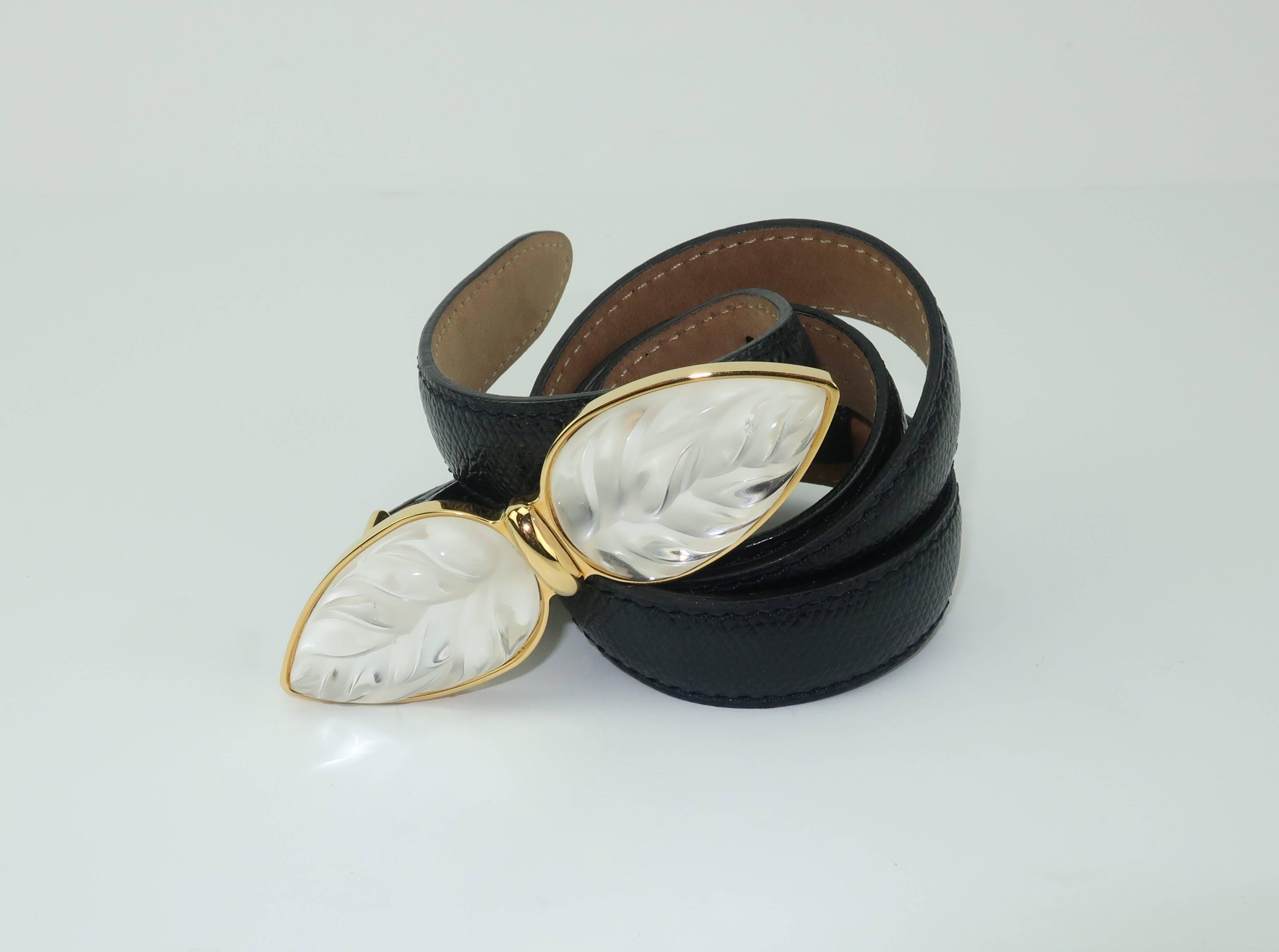 Women's Lalique Art Glass Leaf Buckle With Black Leather Belt