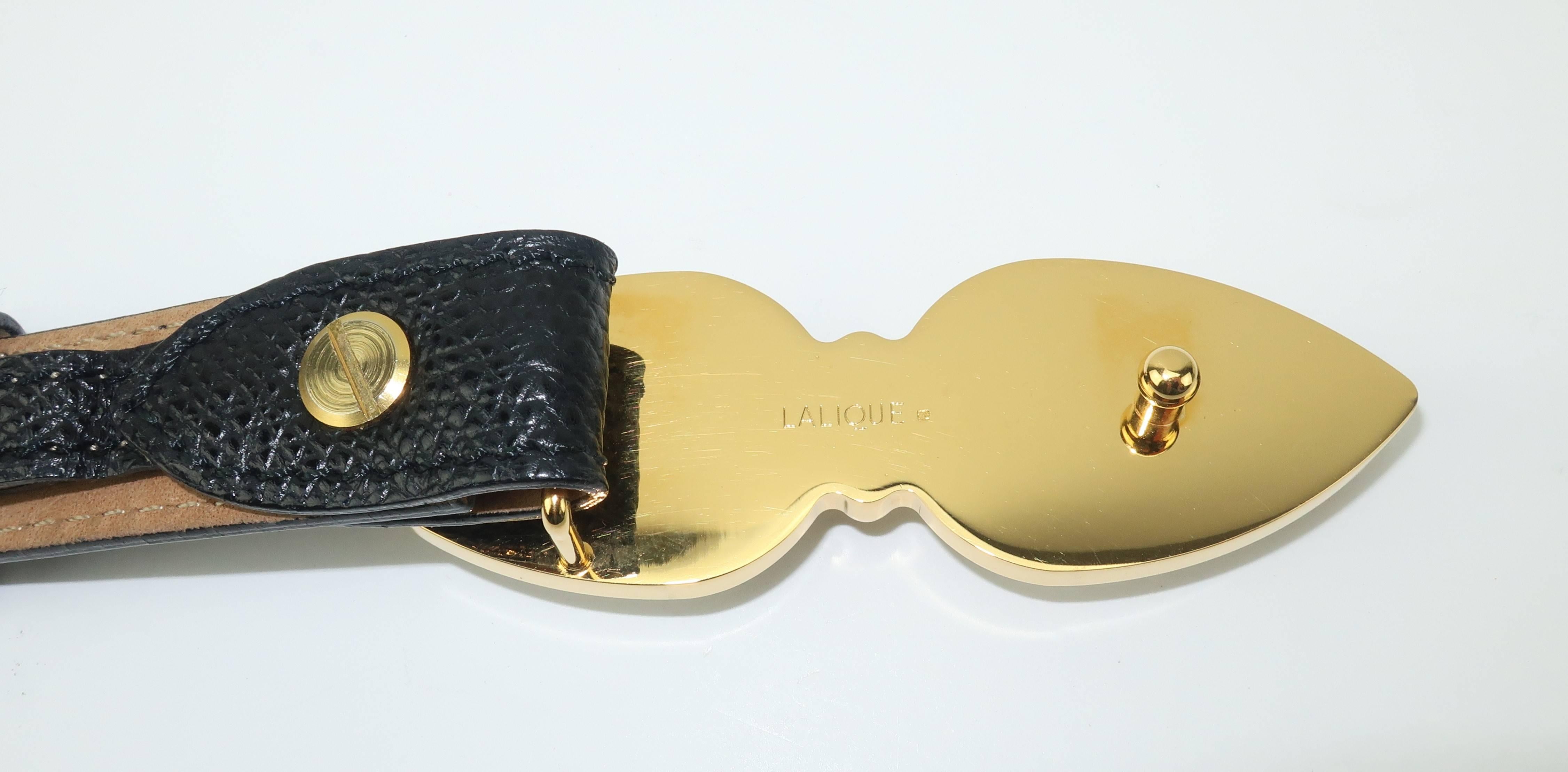 Lalique Art Glass Leaf Buckle With Black Leather Belt 3