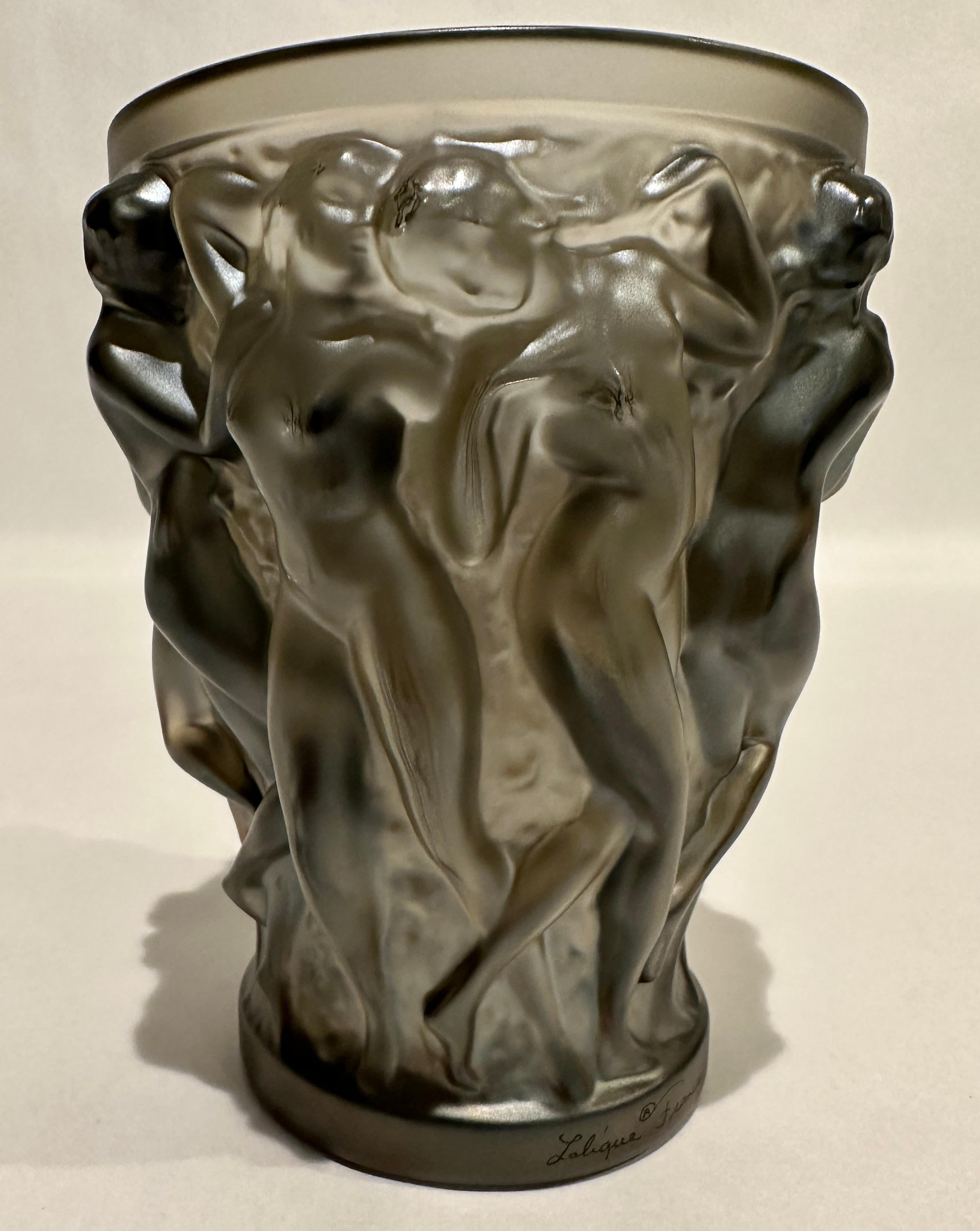 Art Deco Lalique Bacchantes Crystal Vase in Bronze For Sale