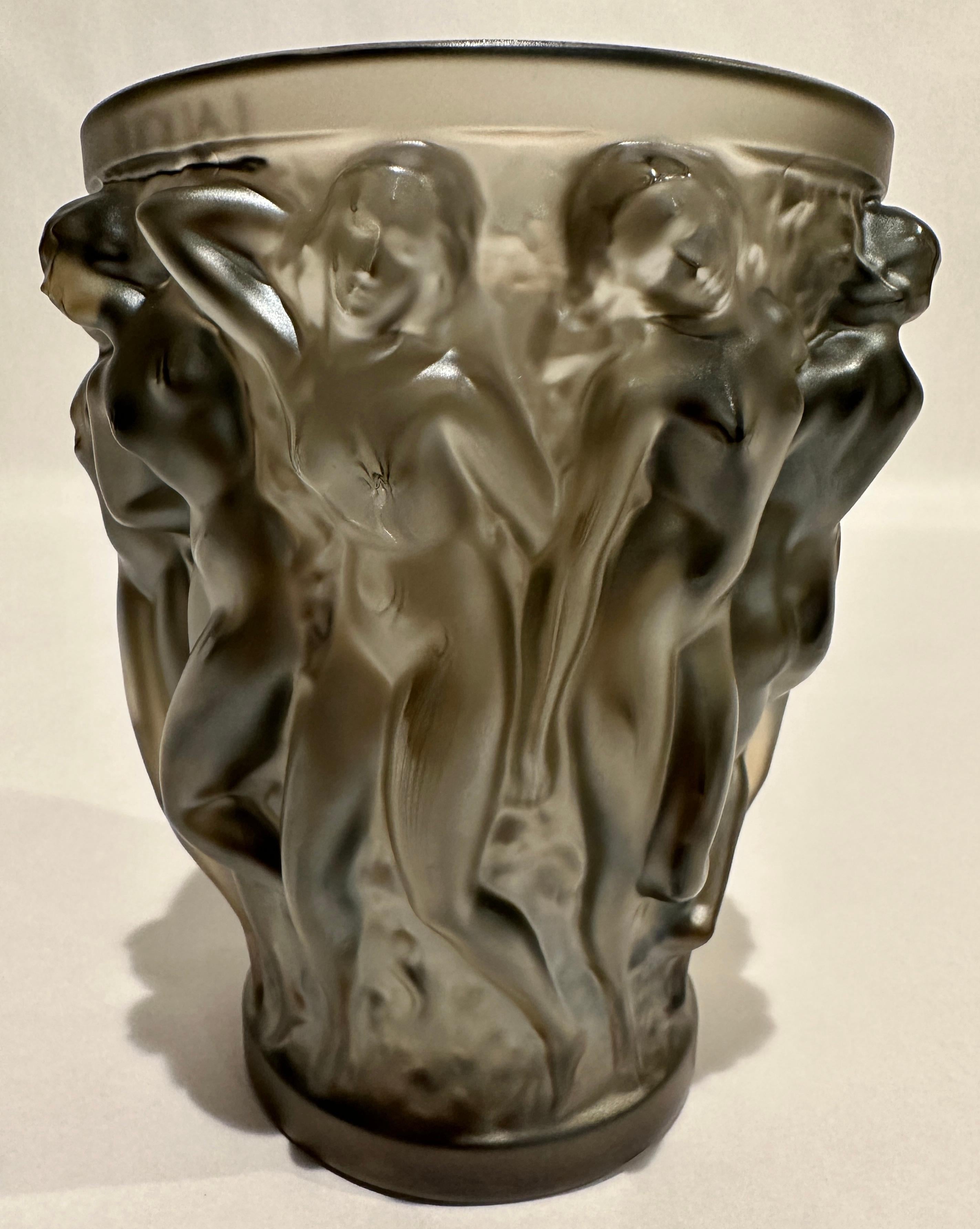 French Lalique Bacchantes Crystal Vase in Bronze For Sale