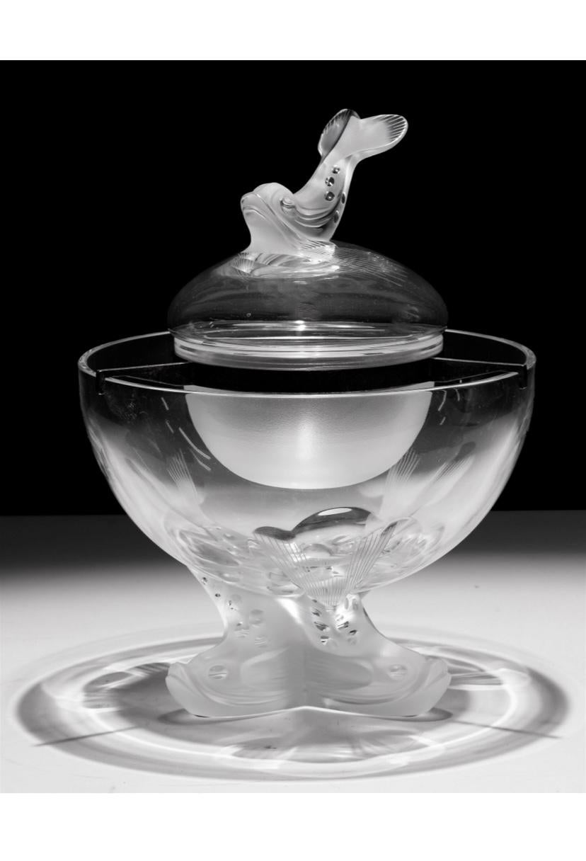 Hand-Crafted Lalique Caviar Server, Figural Dolphin Finial and Base Large Size For Sale