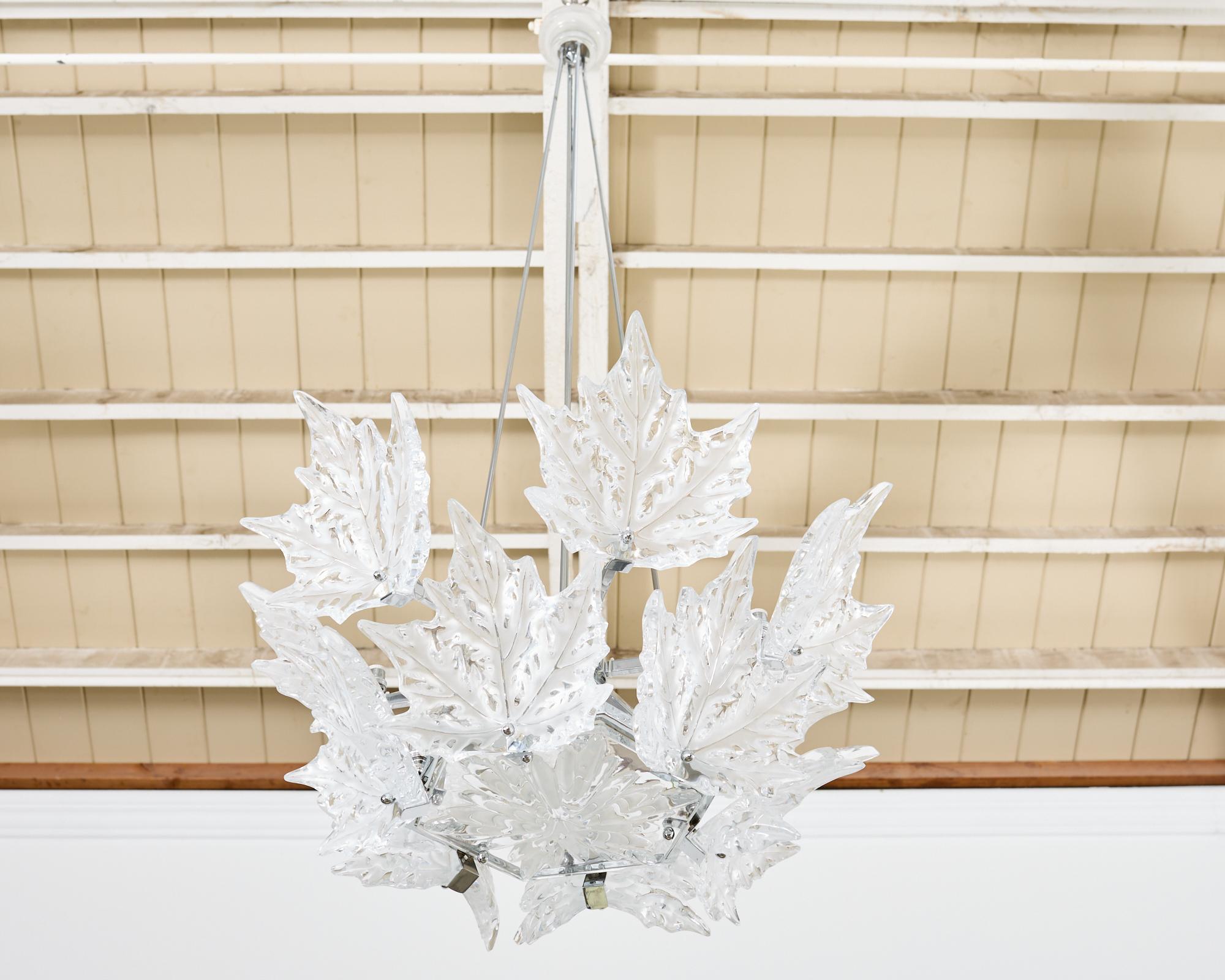 Frosted Lalique Champs Élysees 2 Tier Twelve Leaf Chandelier For Sale