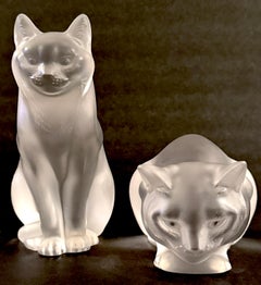 Lalique Chat Couche #11602 & Lalique Chat Assis #11603, A Pair