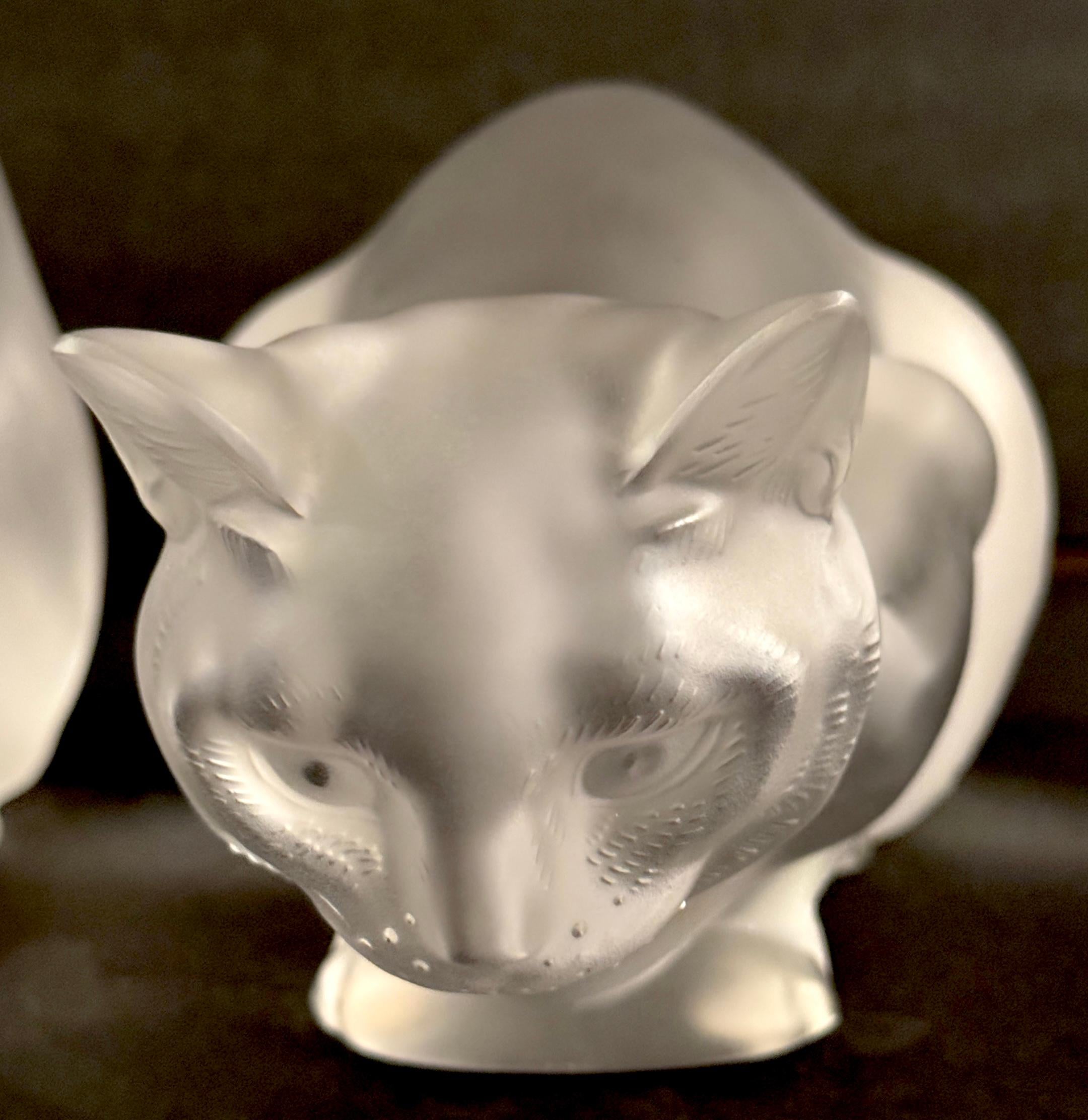 French Lalique Chat Couche #11602 & Lalique Chat Assis #11603, A Pair
