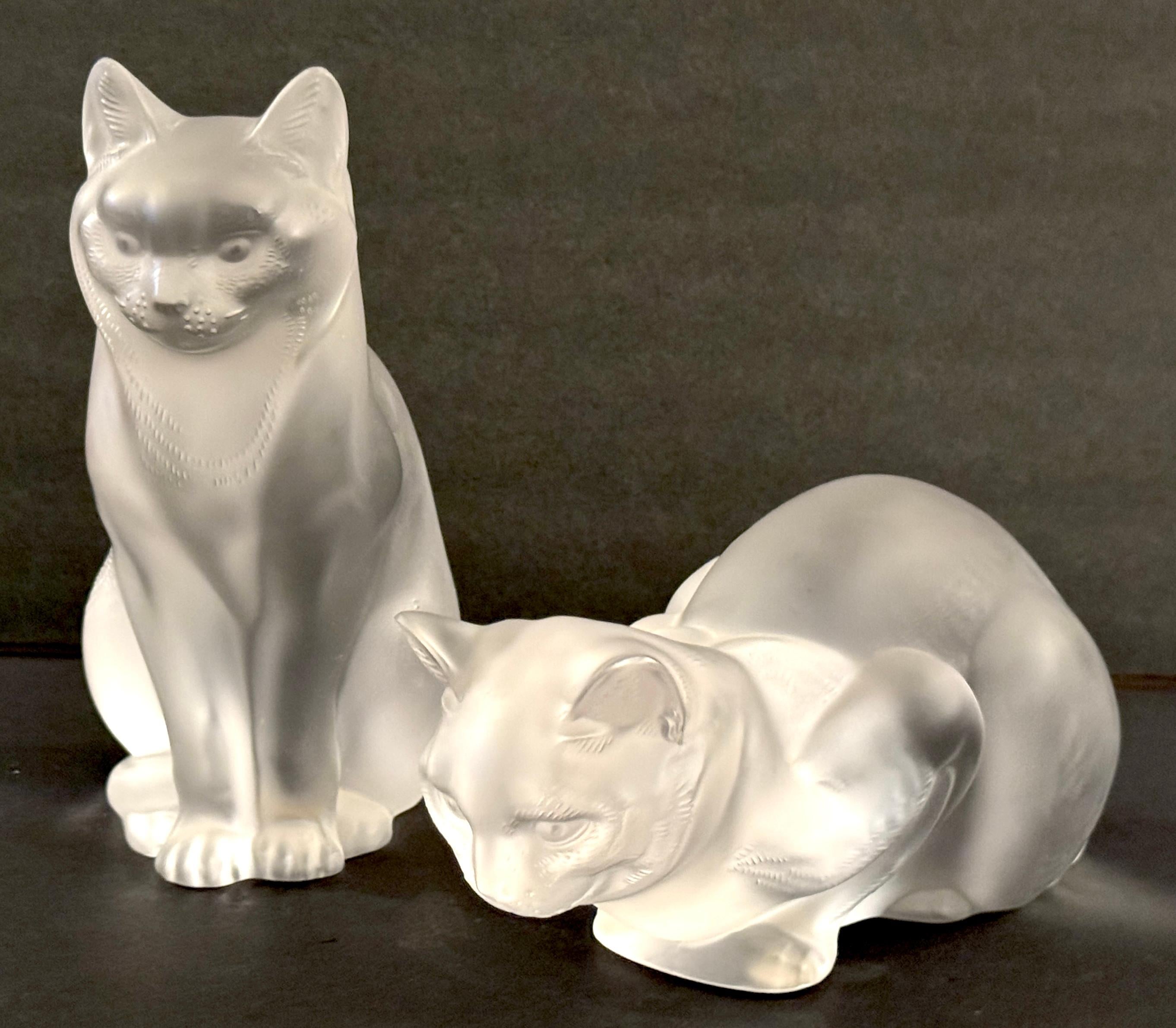 Lalique Chat Couche #11602 & Lalique Chat Assis #11603, A Pair In Good Condition In West Palm Beach, FL