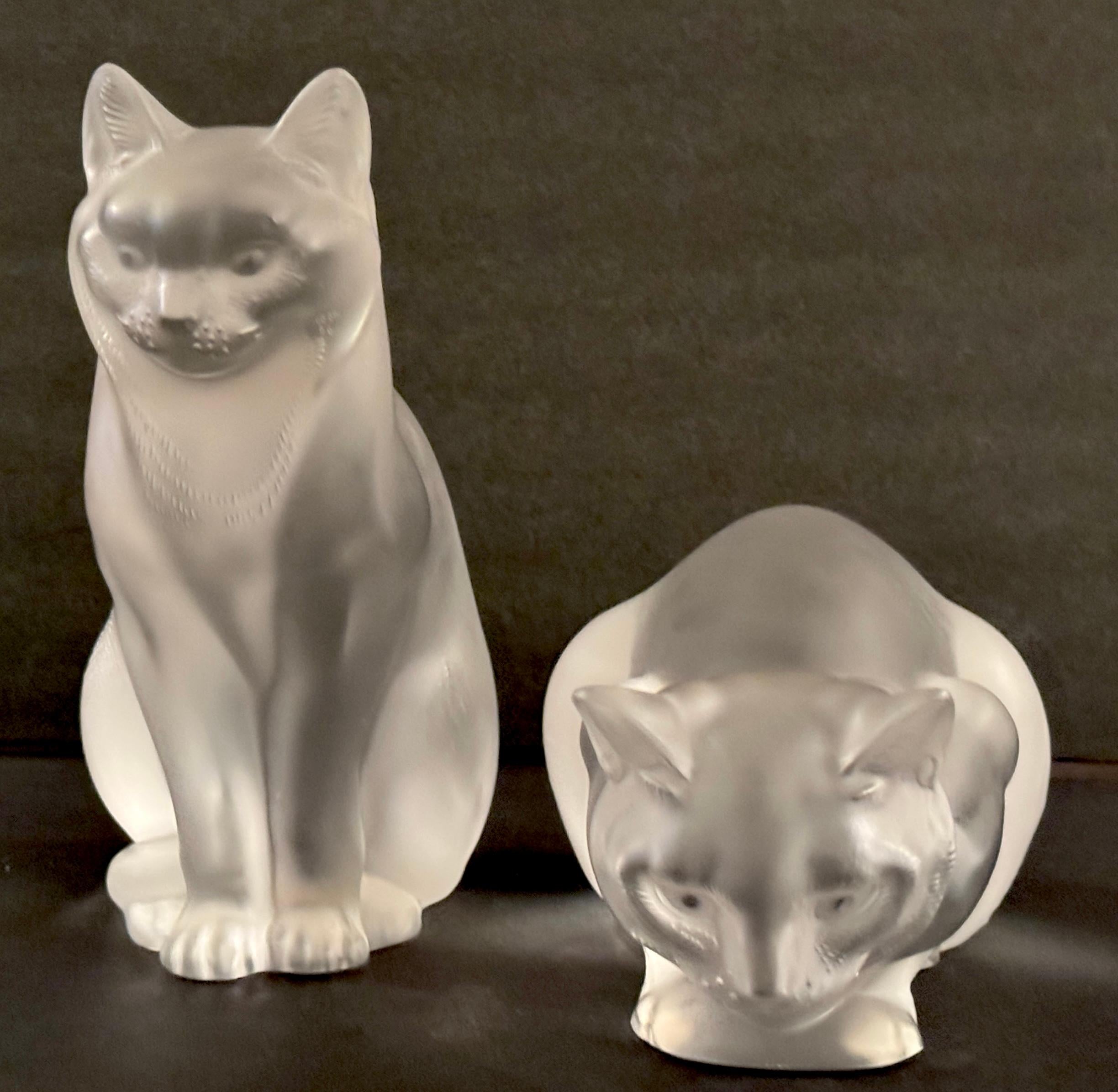 20th Century Lalique Chat Couche #11602 & Lalique Chat Assis #11603, A Pair