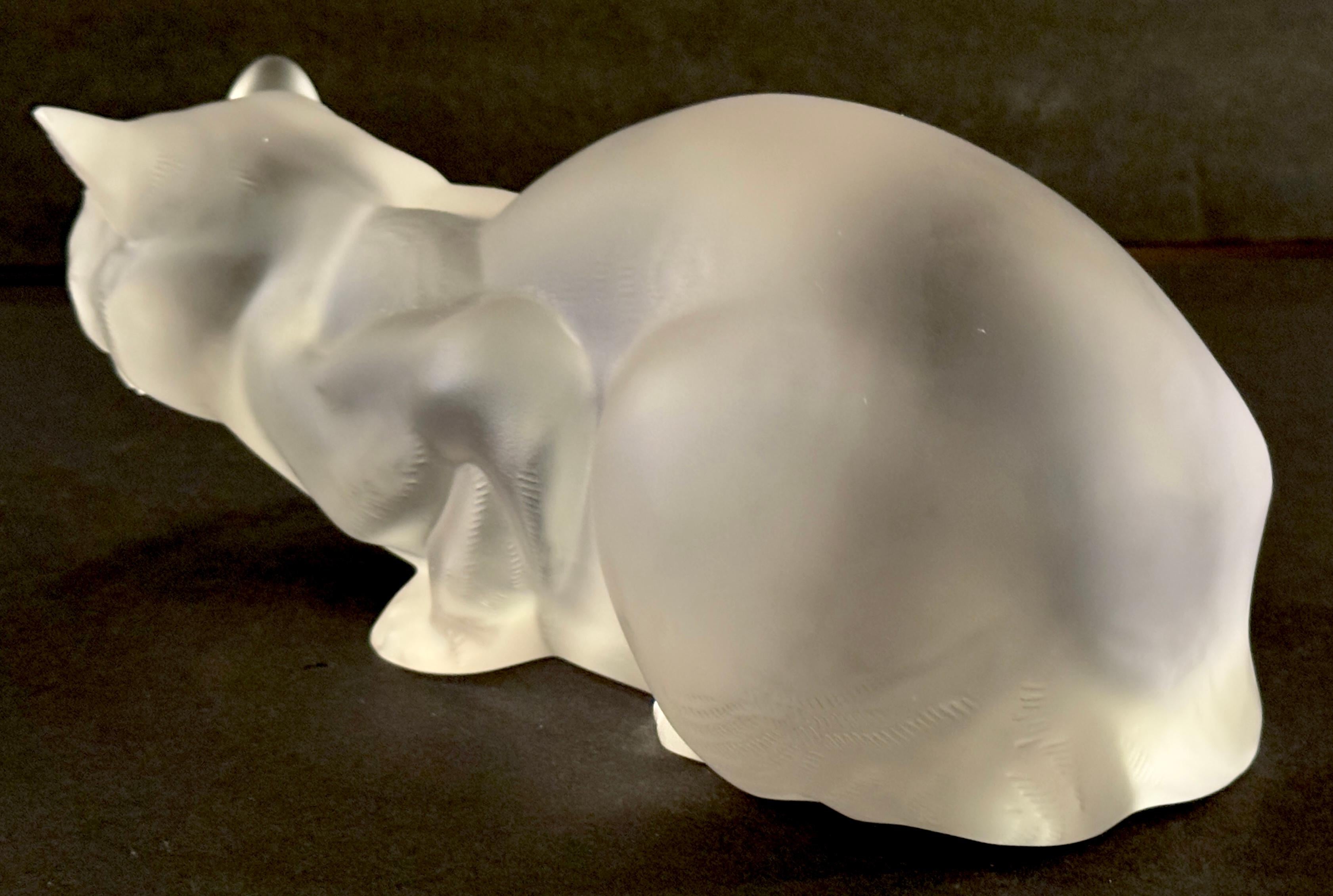 Crystal Lalique Chat Couche #11602 & Lalique Chat Assis #11603, A Pair