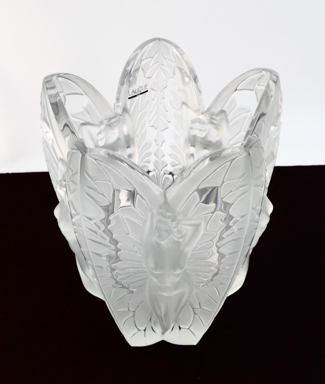 This Lalique Chrysalide Vase draws inspiration from two of Rene Lalique's favorite themes, the beauty of the female form and the natural world. Combining these two themes in the form of a mythic woman with butterfly wings, the Chrysalide vase is